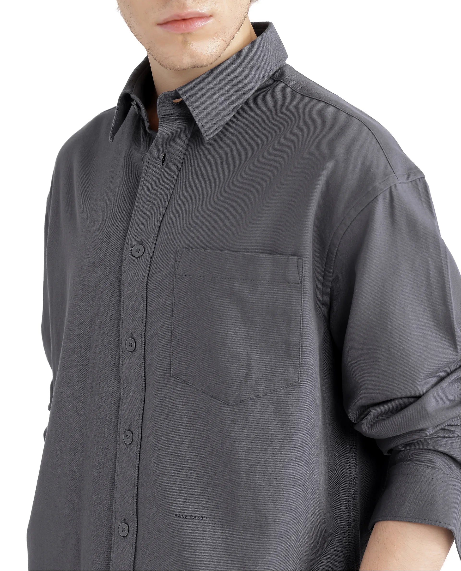 Rare Rabbit Men Let Dark Grey Cotton Fabric Full Sleeve Regular Collared Button Closure Boxy Fit Plain Shirt