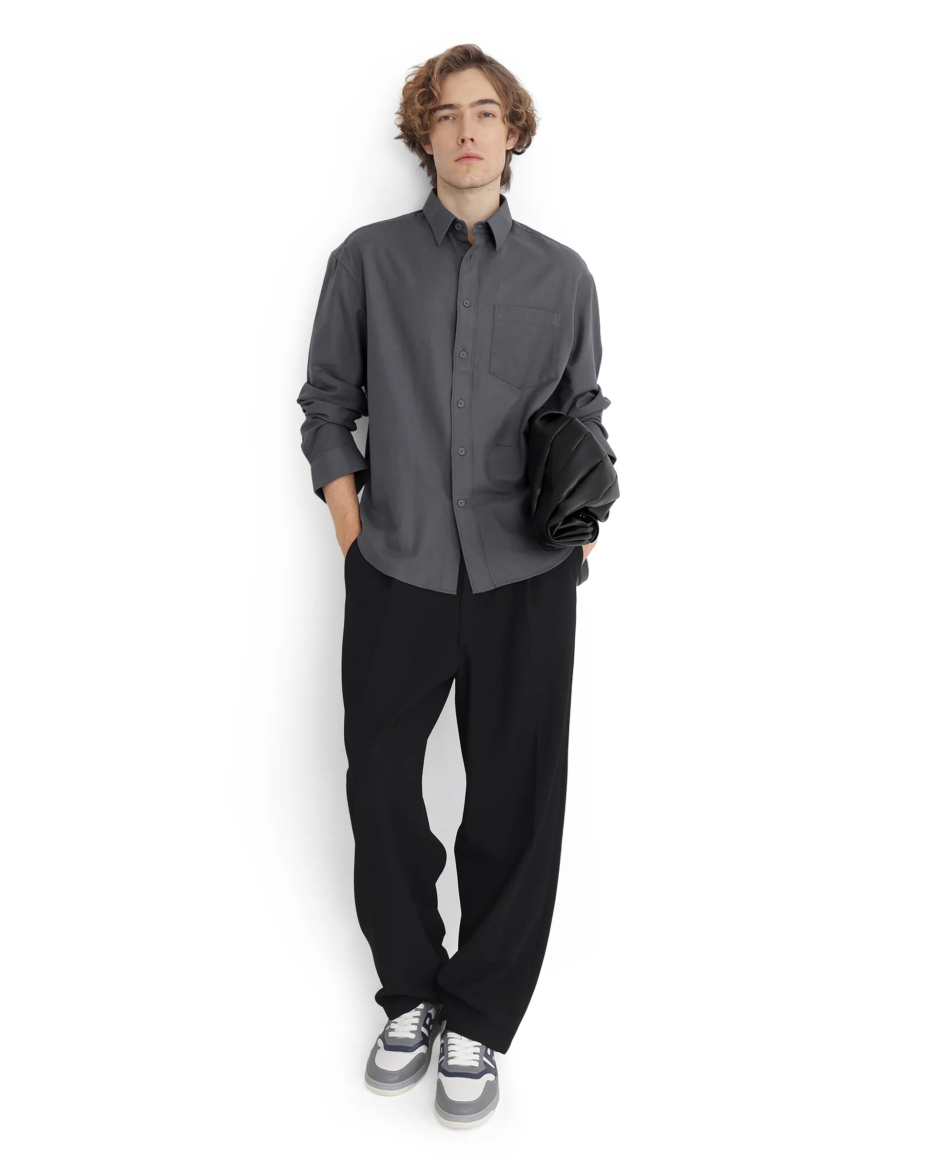 Rare Rabbit Men Let Dark Grey Cotton Fabric Full Sleeve Regular Collared Button Closure Boxy Fit Plain Shirt