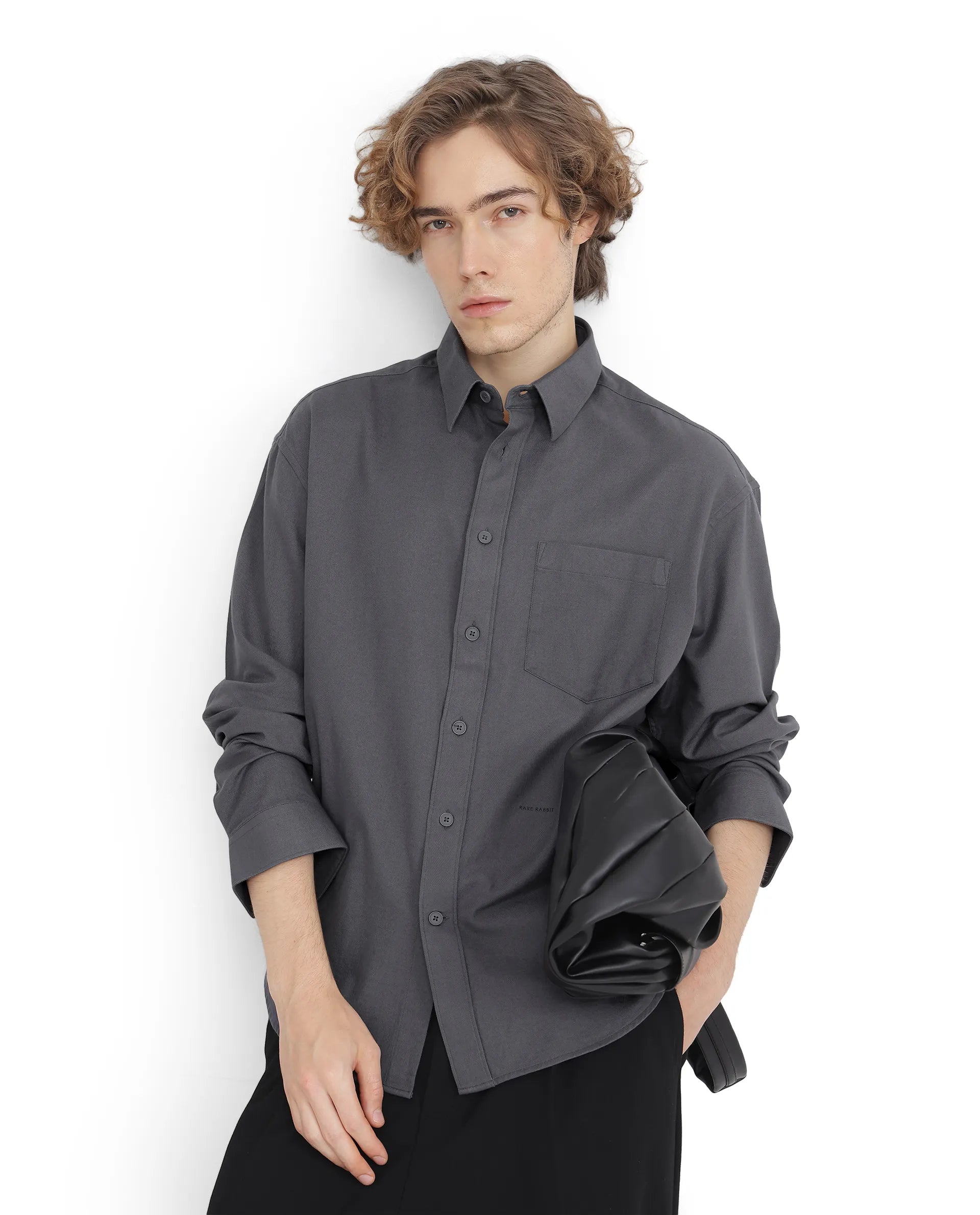 Rare Rabbit Men Let Dark Grey Cotton Fabric Full Sleeve Regular Collared Button Closure Boxy Fit Plain Shirt