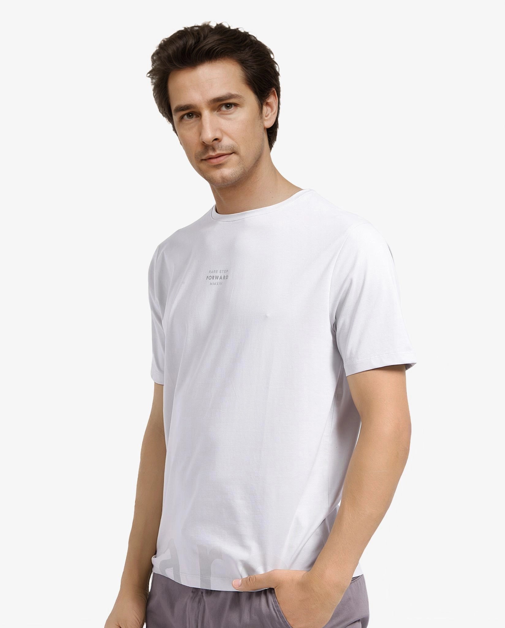 Rare Rabbit Men Let Dark Grey Cotton Lycra Fabric Short Sleeve Crew Neck Regular Fit Typography Print T-Shirt