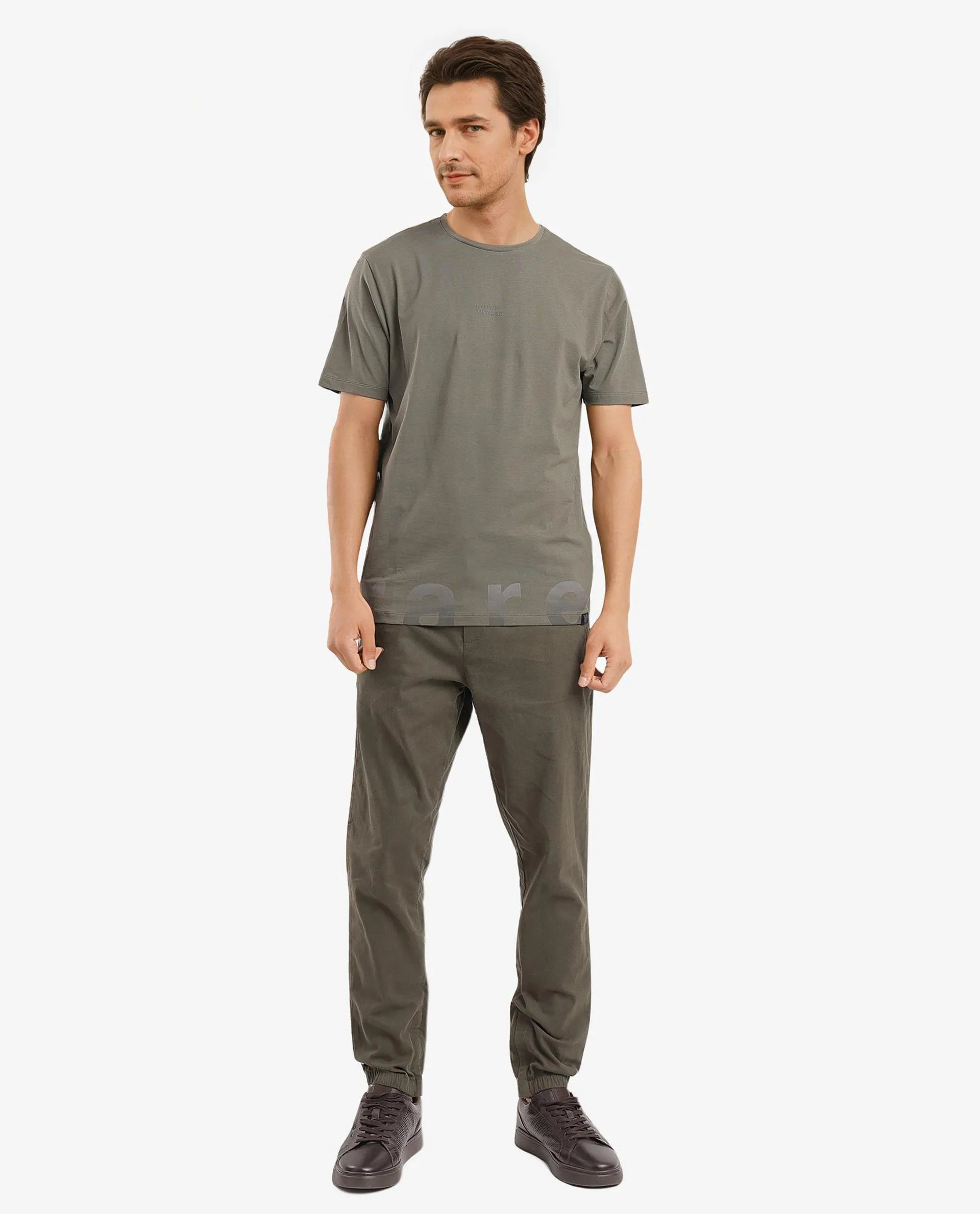 Rare Rabbit Men Let Dusky Green Cotton Lycra Fabric Short Sleeve Crew Neck Regular Fit Typography Print T-Shirt