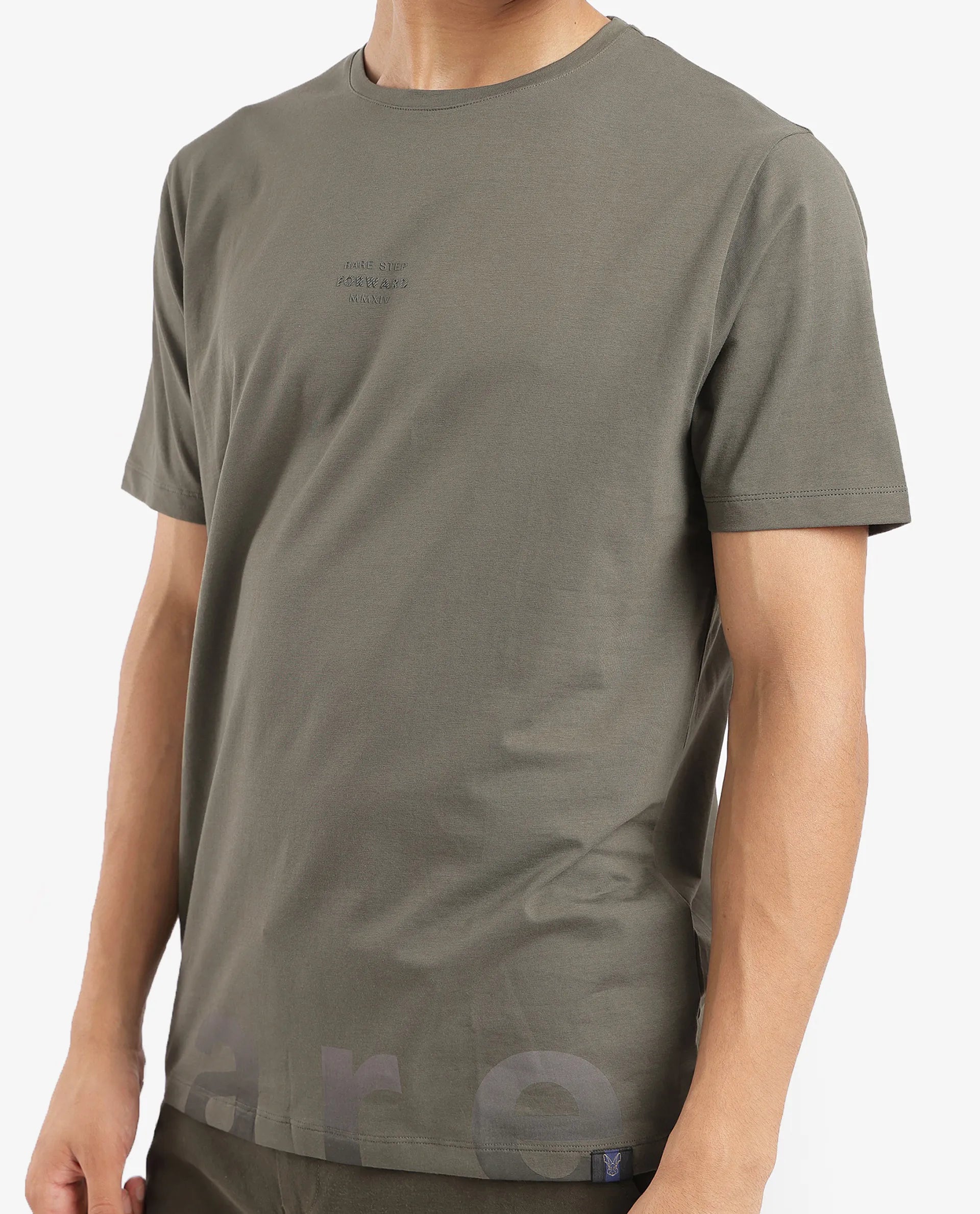 Rare Rabbit Men Let Dusky Green Cotton Lycra Fabric Short Sleeve Crew Neck Regular Fit Typography Print T-Shirt