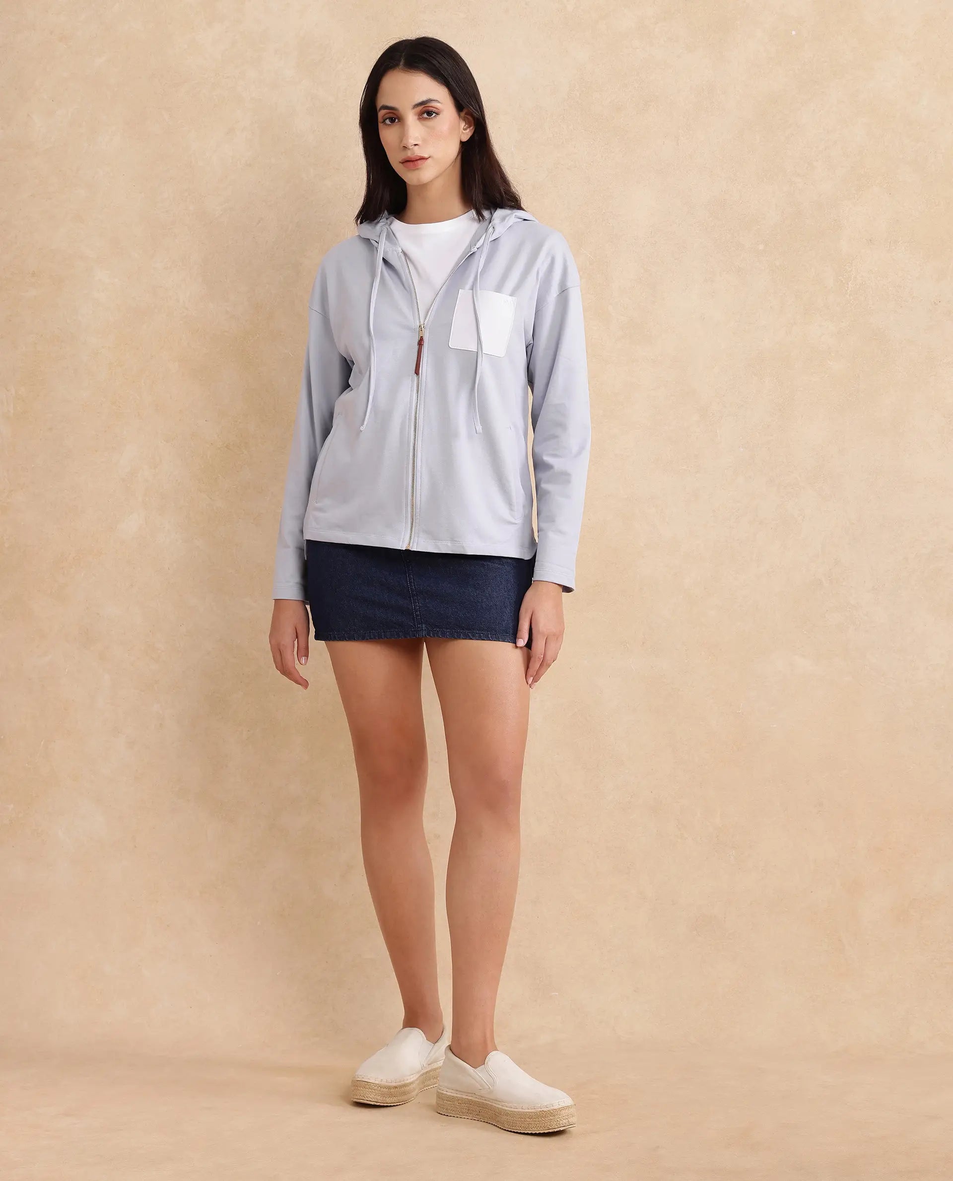 Rareism Women Leth Light Blue Cotton Blend Fabric Full Sleeve Hooded Zipper Closure Relaxed Fit Plain Sweatshirt