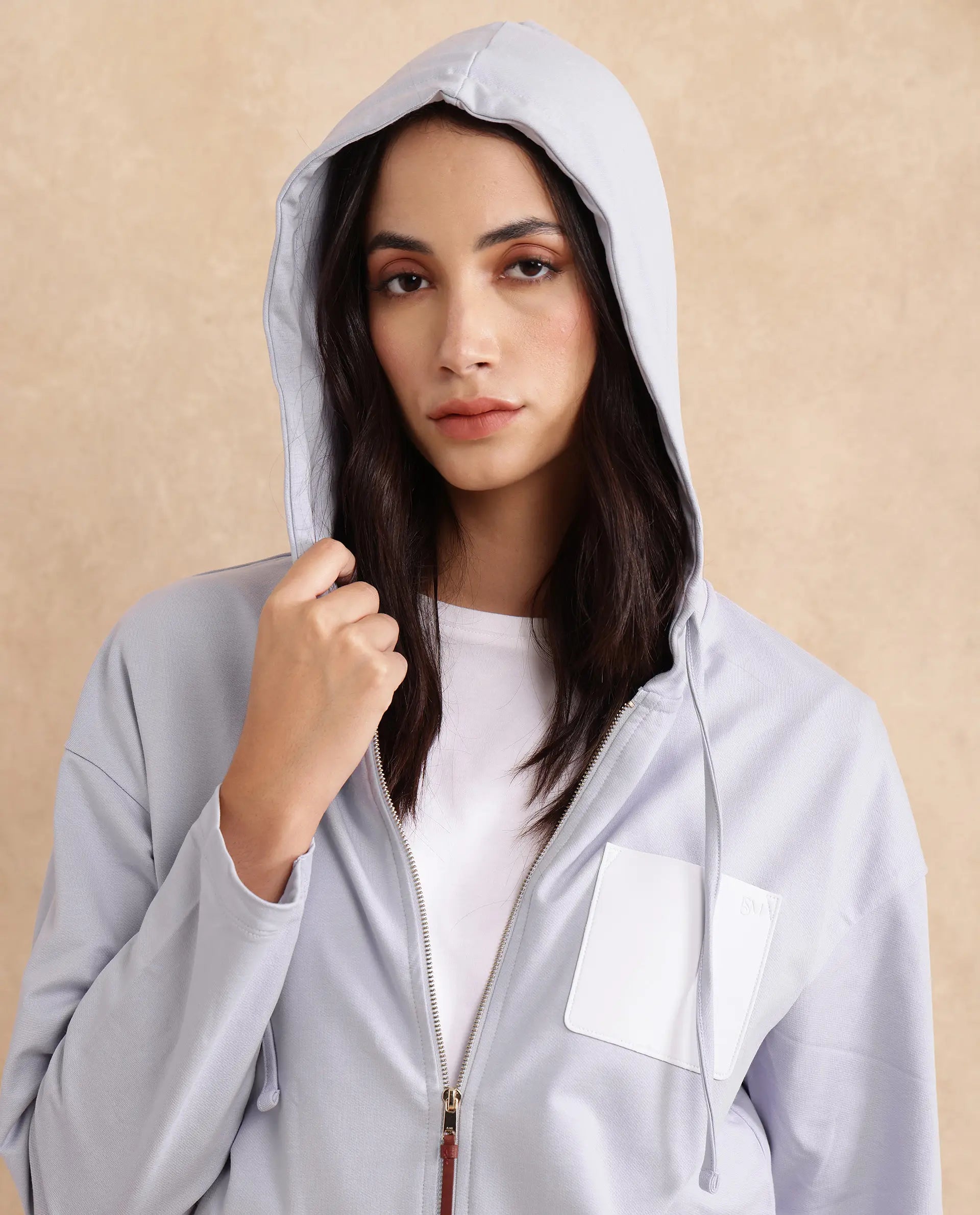 Rareism Women Leth Light Blue Cotton Blend Fabric Full Sleeve Hooded Zipper Closure Relaxed Fit Plain Sweatshirt