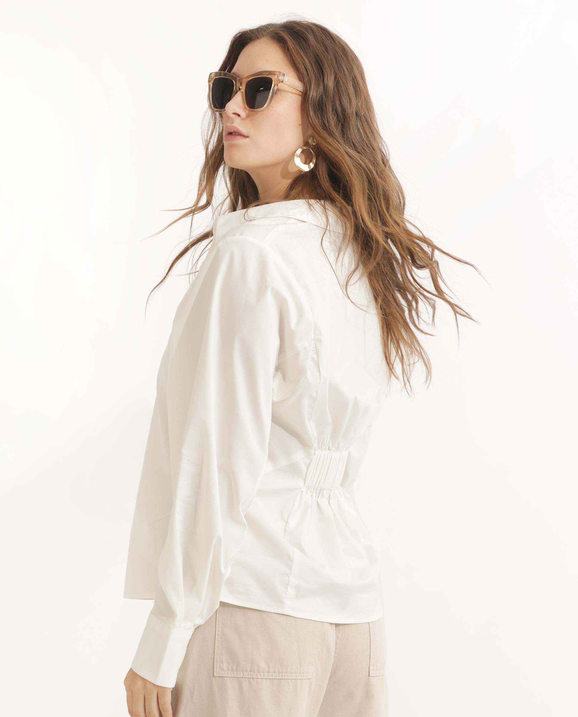 Rareism Women Letizia Off White Cotton Blend Fabric Regular Sleeve Shirt Collar Solid Shirt