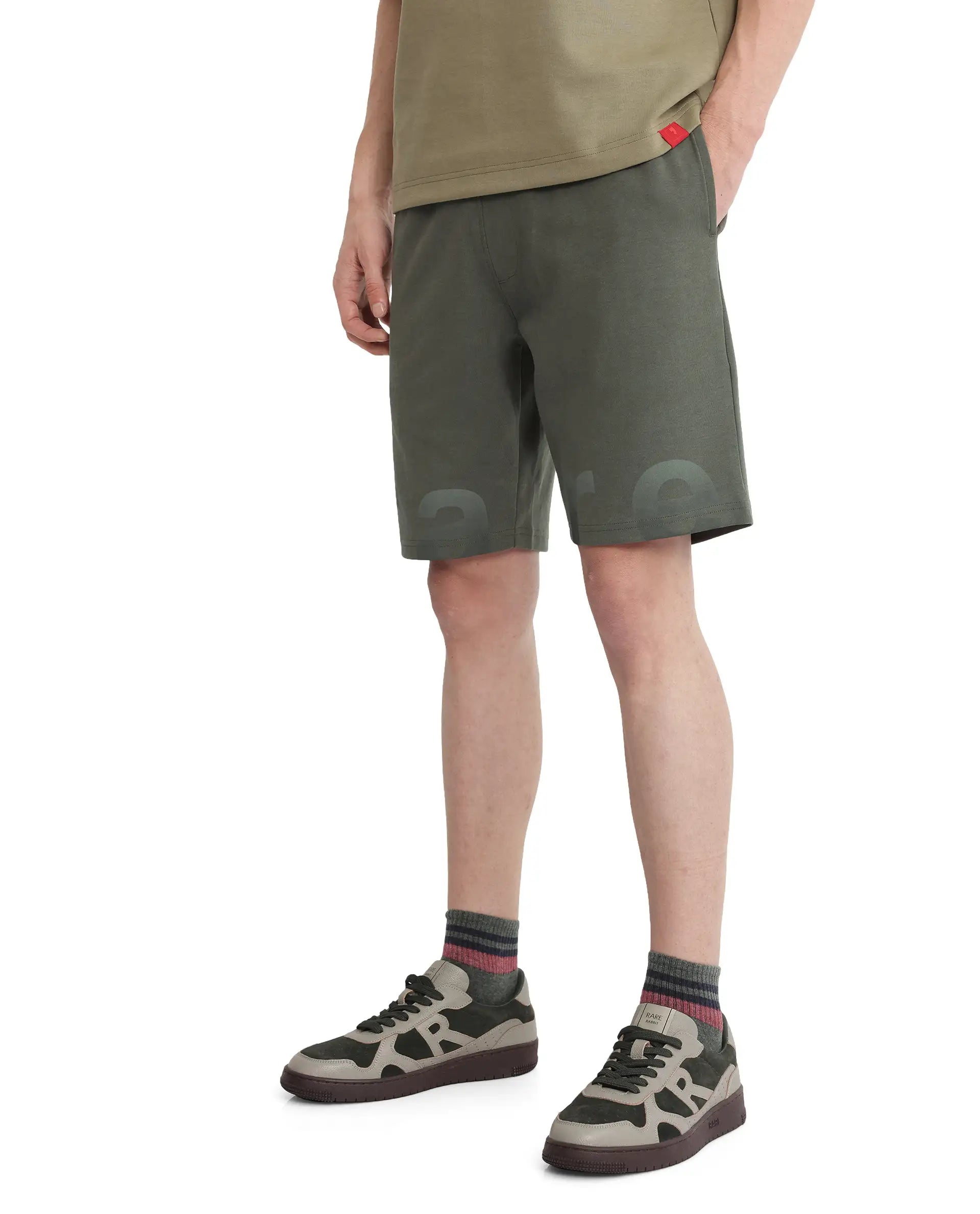 Rare Rabbit Men's Lets Dusky Green Cotton Drawstring Closure Typography Print Shorts