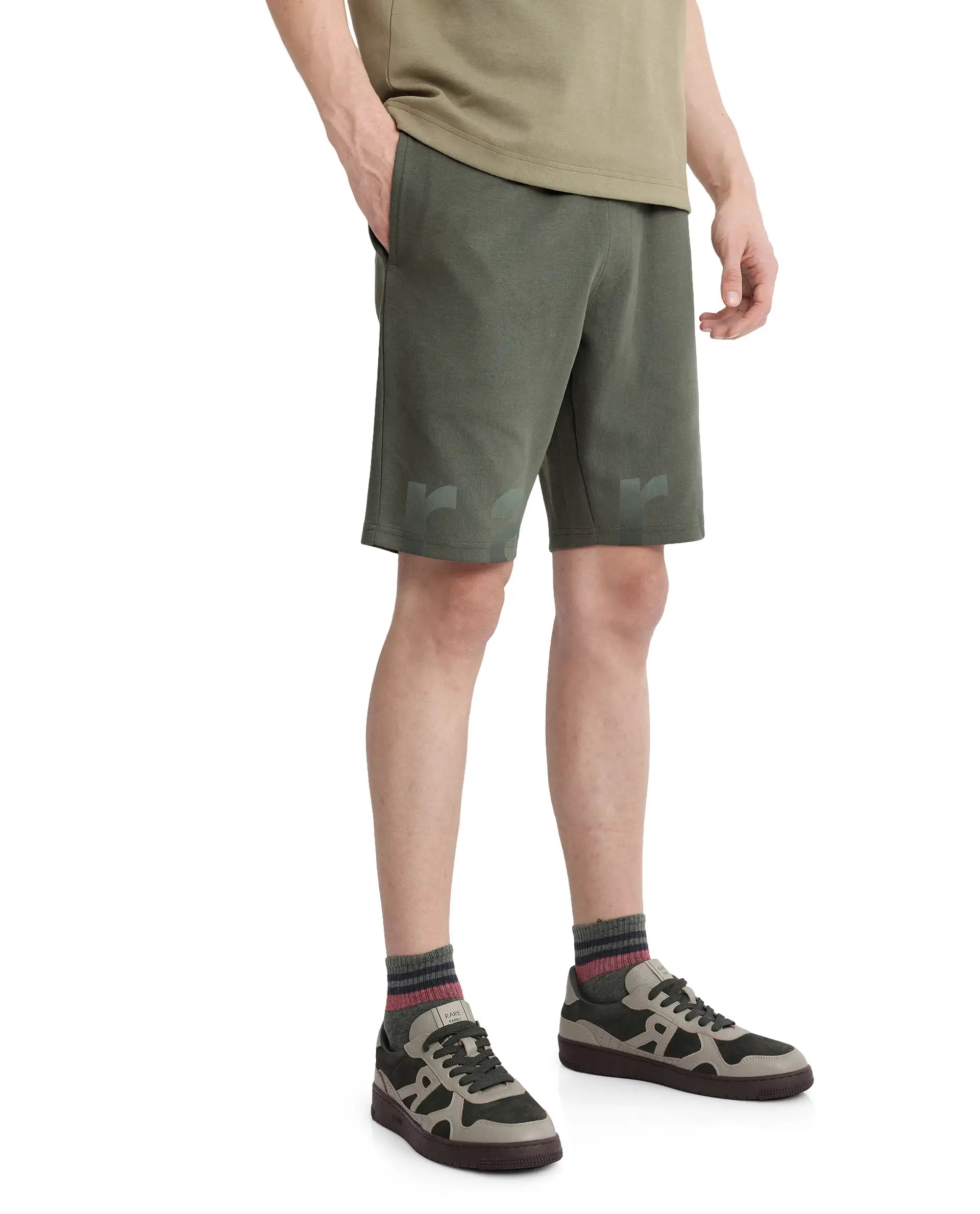 Rare Rabbit Men's Lets Dusky Green Cotton Drawstring Closure Typography Print Shorts