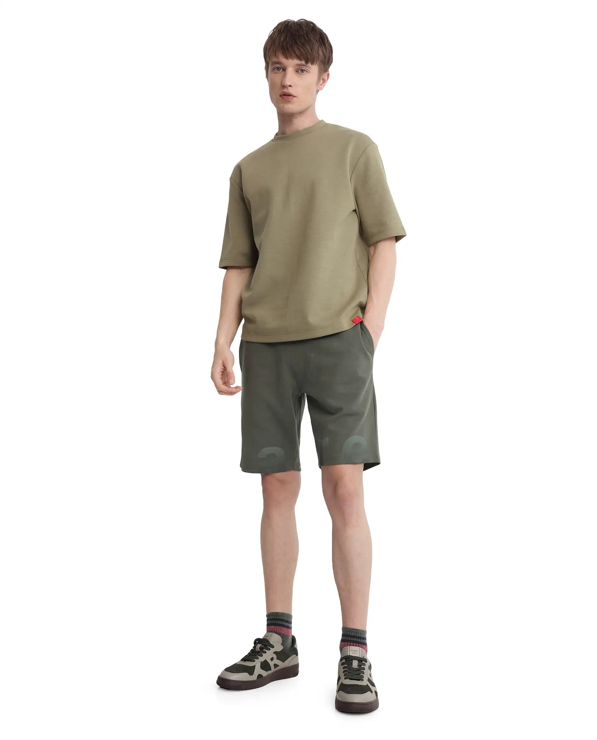 Rare Rabbit Men's Lets Dusky Green Cotton Drawstring Closure Typography Print Shorts