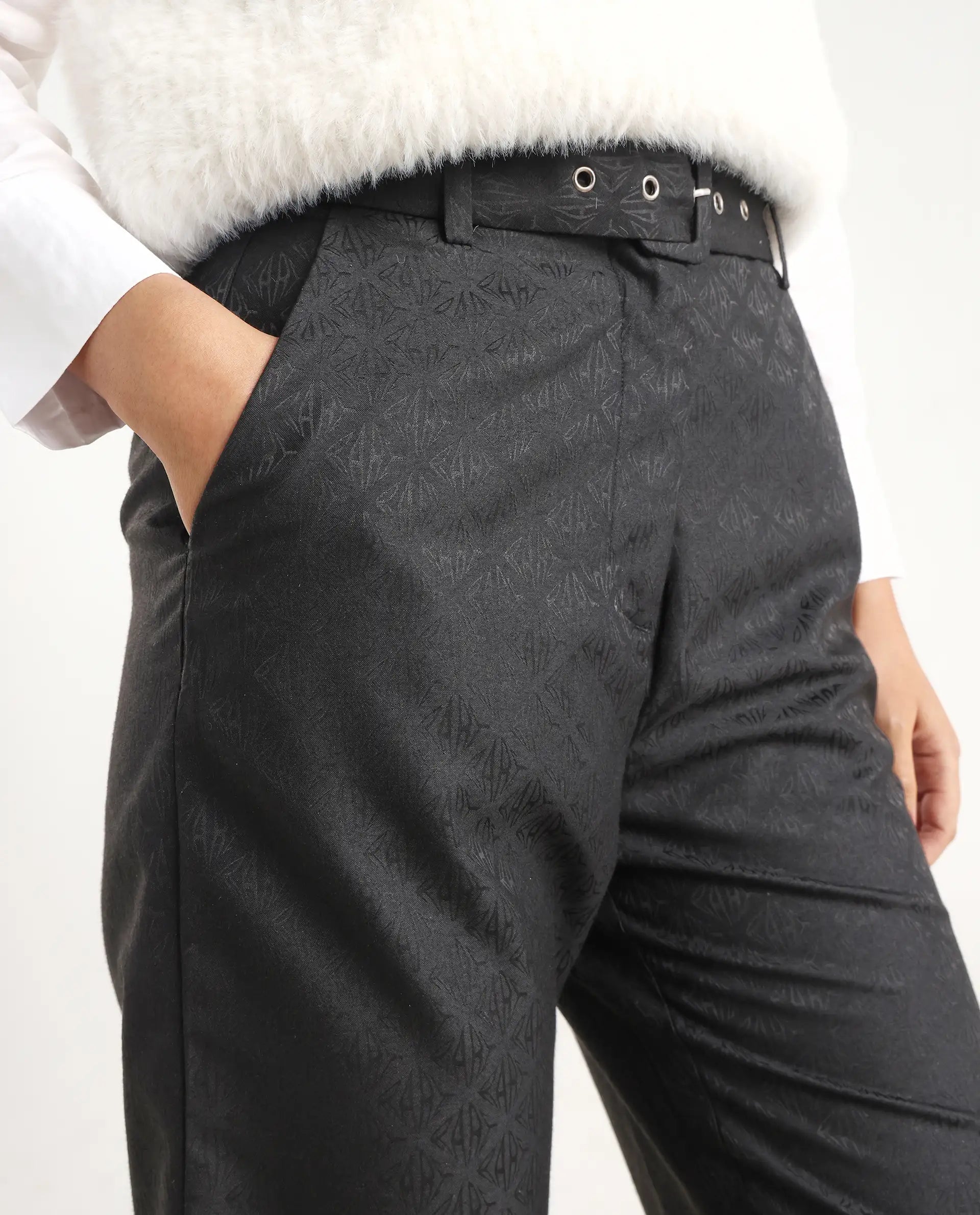 Rareism Women's Levels Black Polyester Plain Ankle Length Tapered Trouser