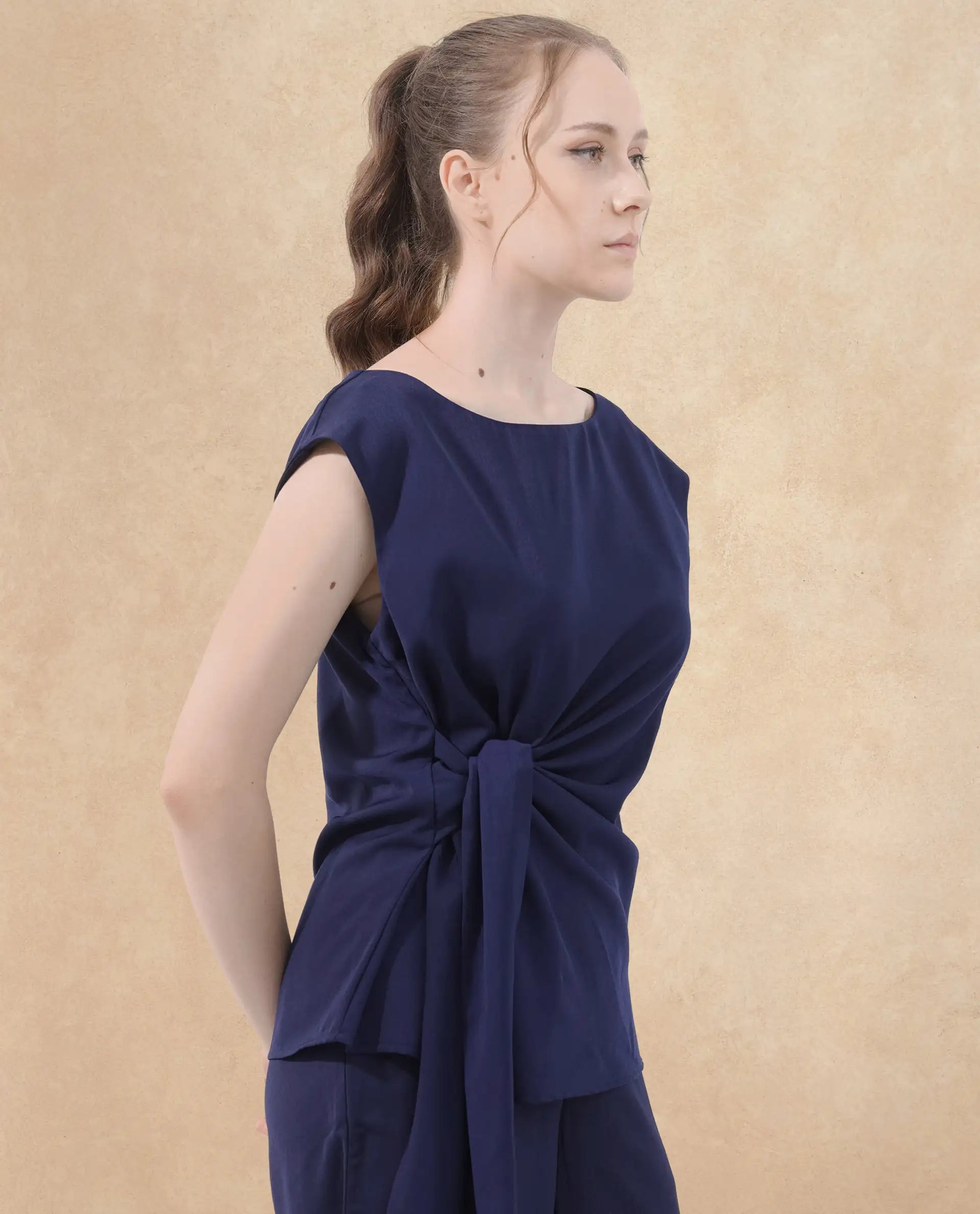 Rareism Women Leville-T Dark Blue Polyester Fabric Cap Sleeve Boat Neck Solid Short Top