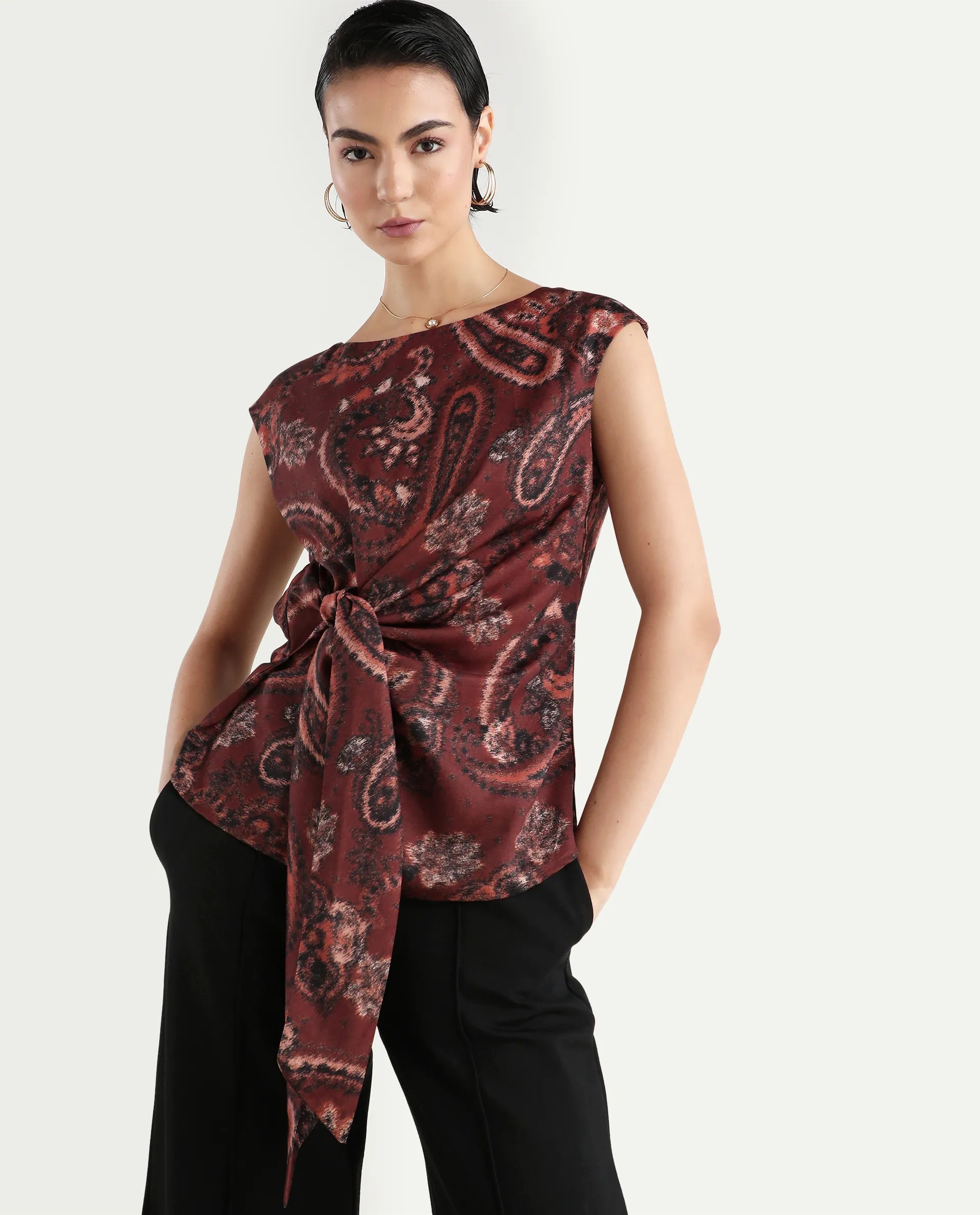 Rareism Women's Levillet Brown Polyester Blend Boat Neck Paisley Print Sleeveless Regular Fit Top