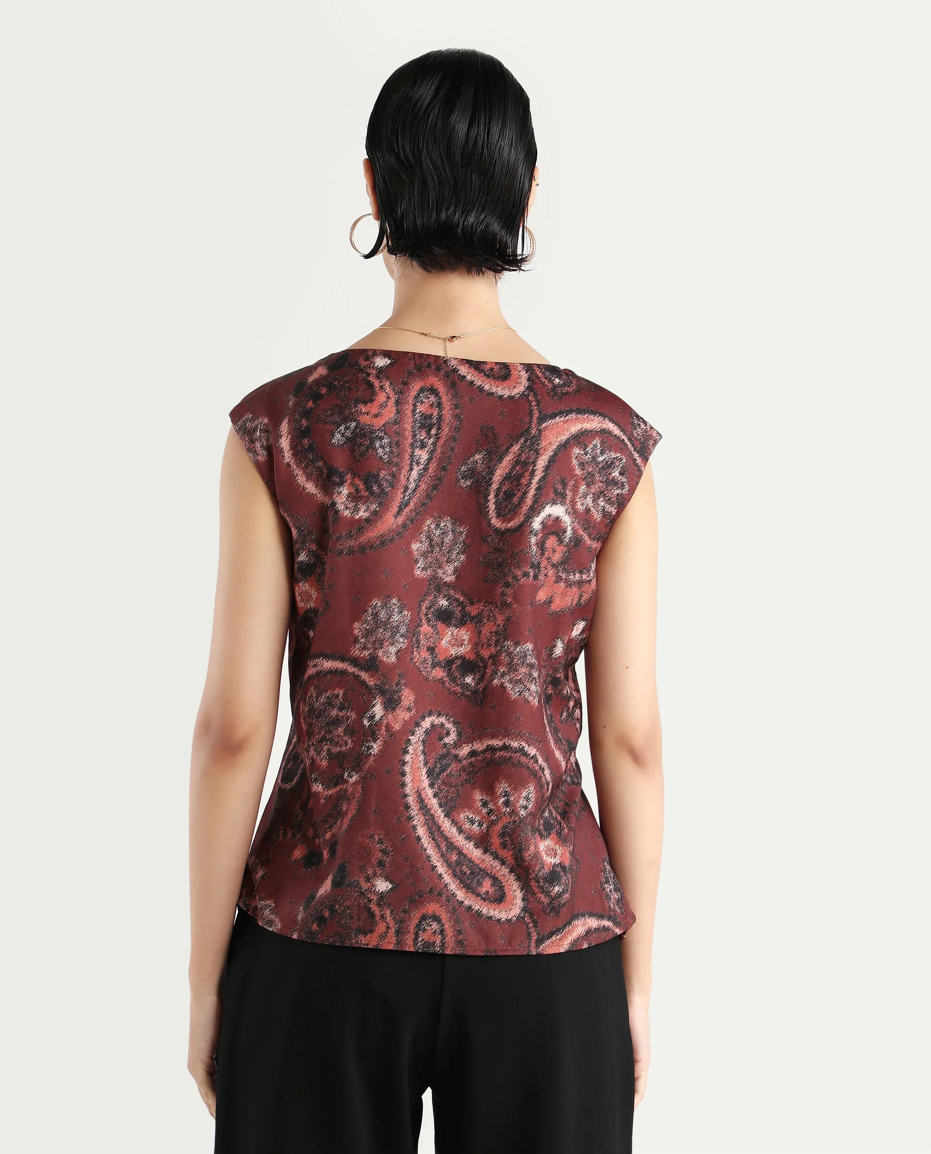 Rareism Women's Levillet Brown Polyester Blend Boat Neck Paisley Print Sleeveless Regular Fit Top