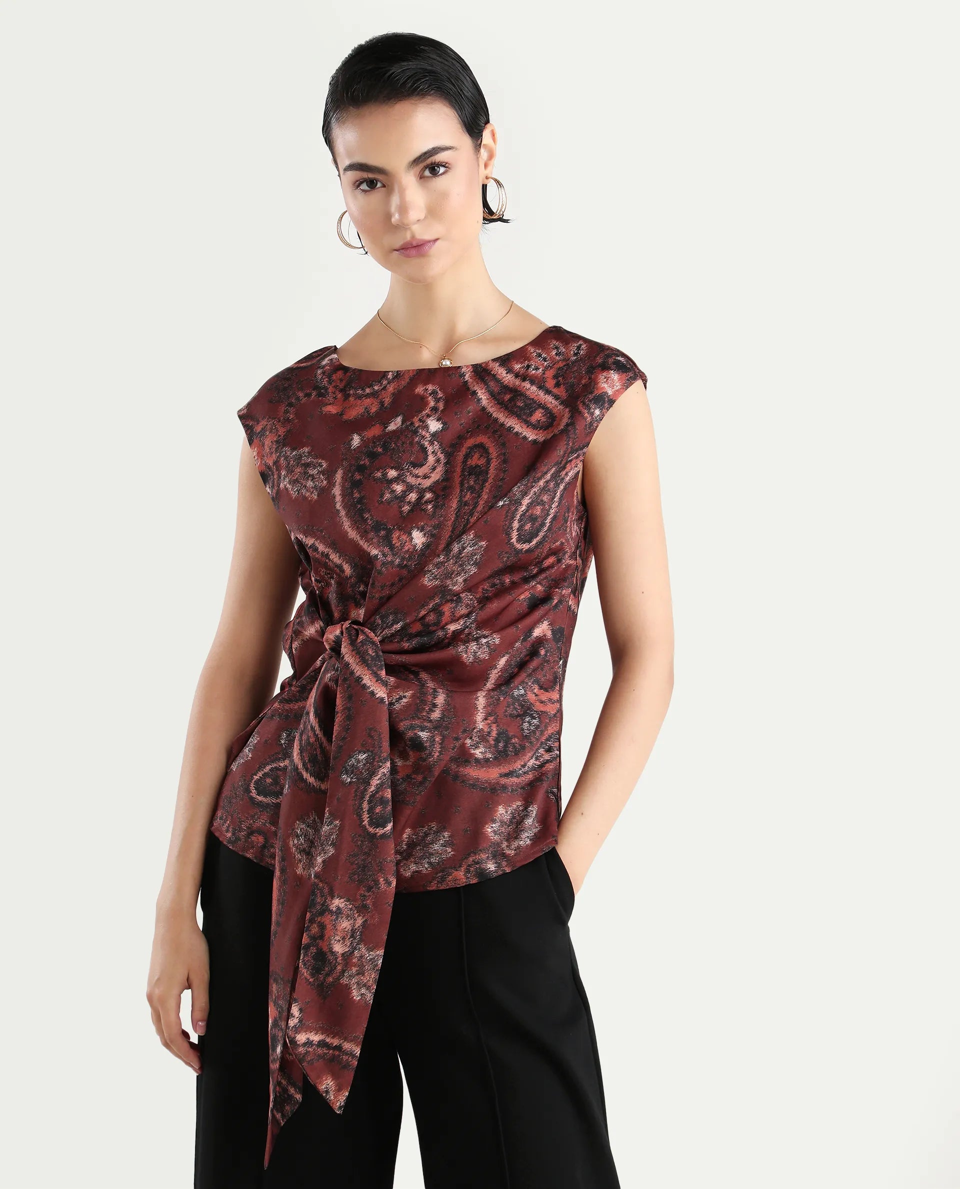 Rareism Women's Levillet Brown Polyester Blend Boat Neck Paisley Print Sleeveless Regular Fit Top