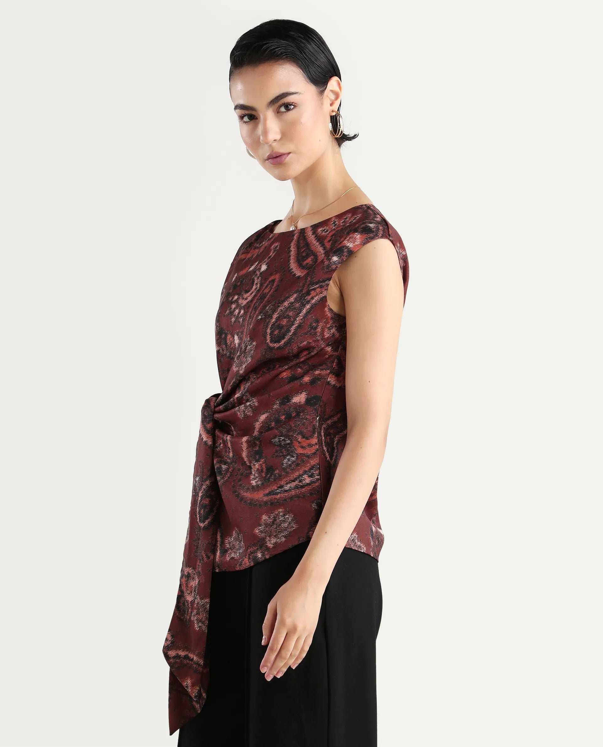 Rareism Women's Levillet Brown Polyester Blend Boat Neck Paisley Print Sleeveless Regular Fit Top