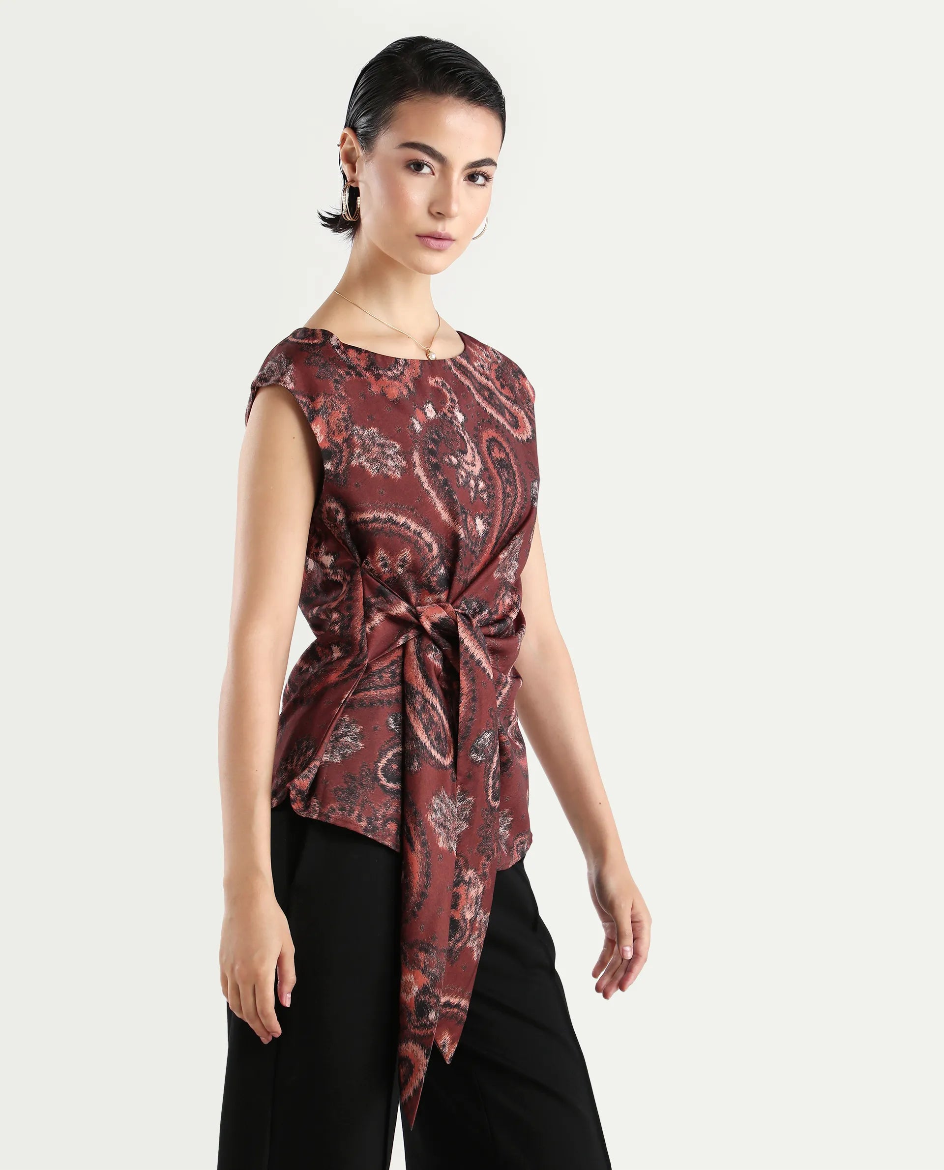 Rareism Women's Levillet Brown Polyester Blend Boat Neck Paisley Print Sleeveless Regular Fit Top