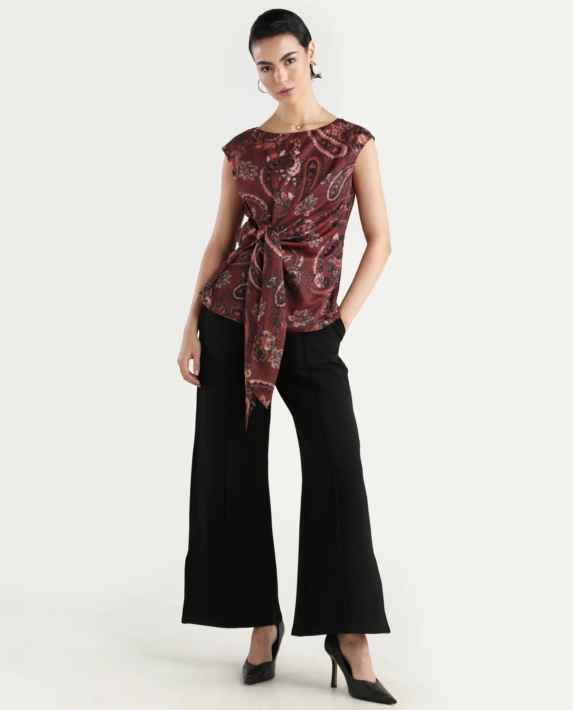 Rareism Women's Levillet Brown Polyester Blend Boat Neck Paisley Print Sleeveless Regular Fit Top