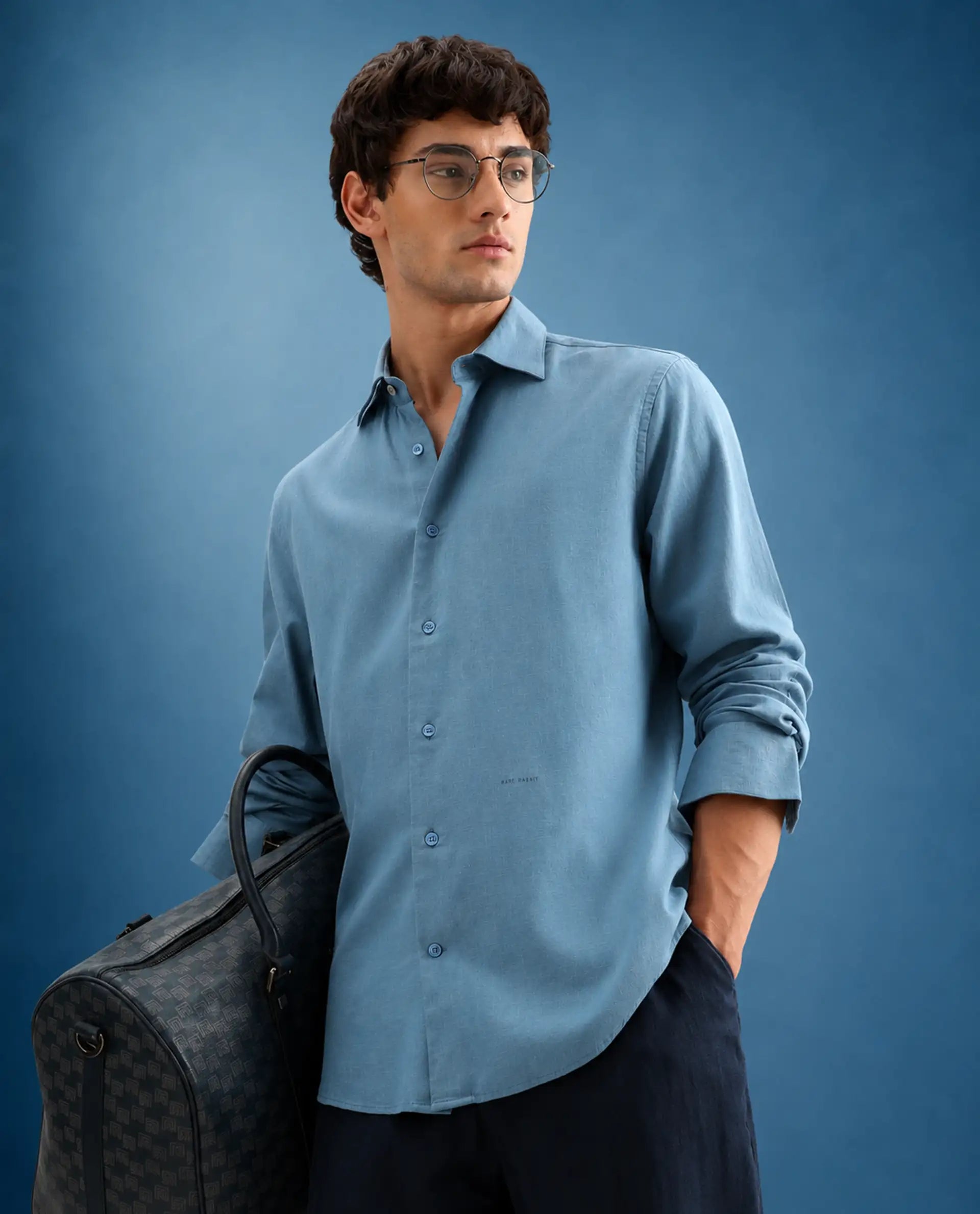 Rare Rabbit Men's Lewan-Ls Primary Blue Linen Blend Spread Collar Regular Plain Shirt