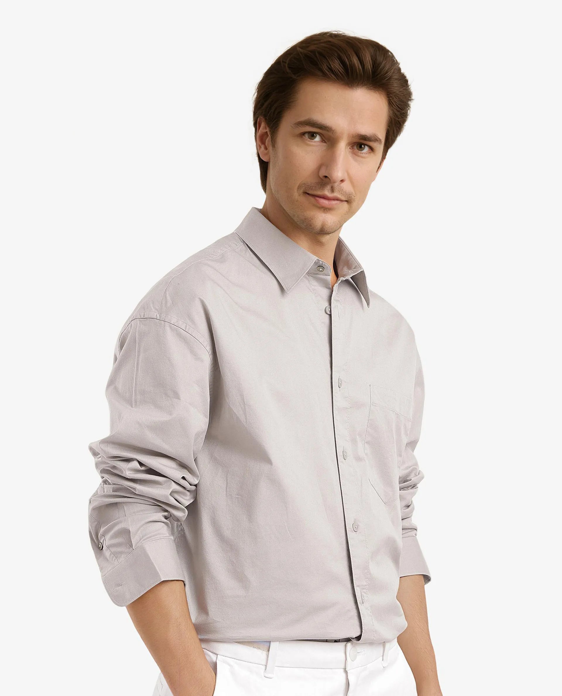 Rare Rabbit Men Lewi Light Grey Cotton Lycra Fabric Full Sleeve Regular Collar Boxy Fit Plain Shirt