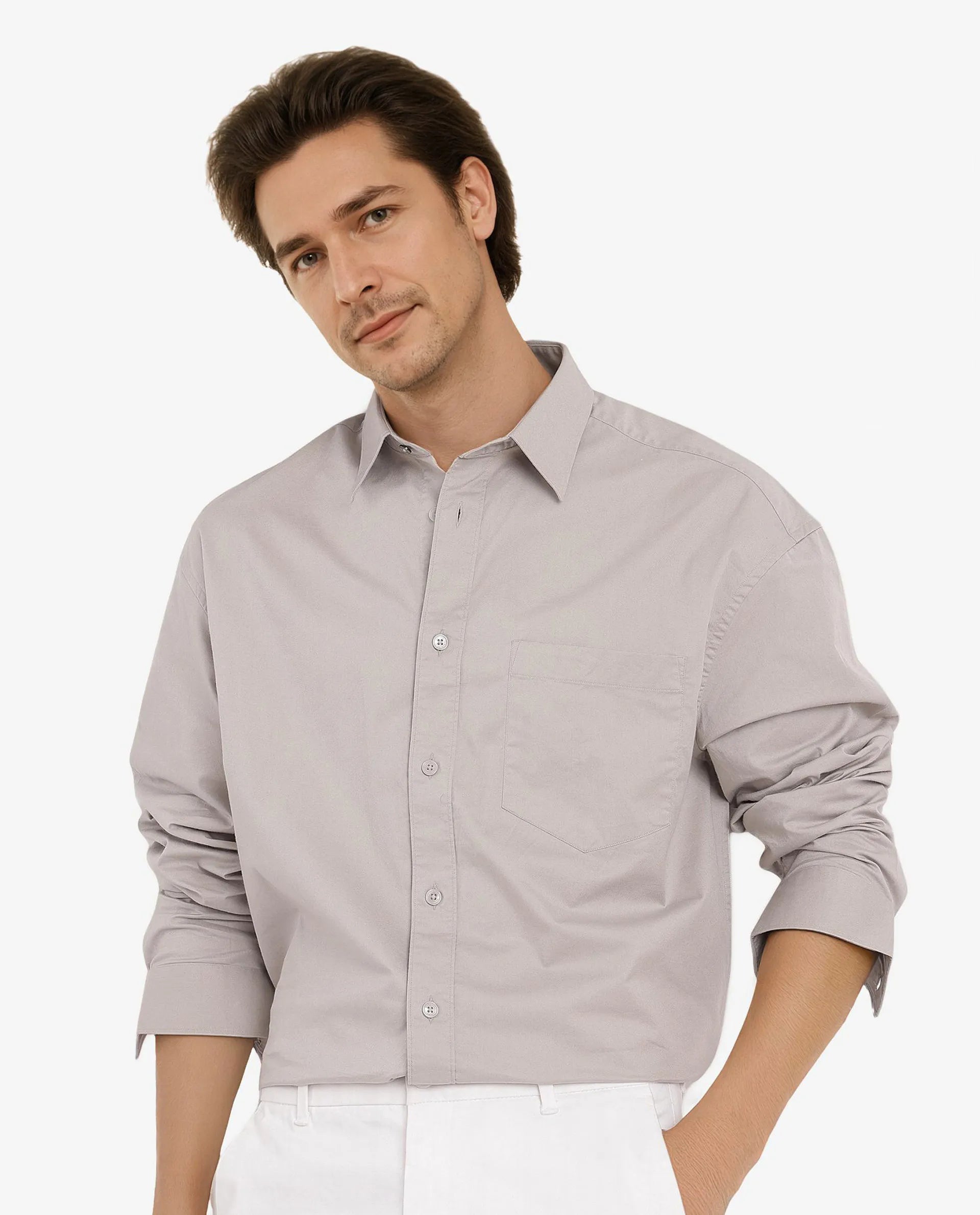 Rare Rabbit Men Lewi Light Grey Cotton Lycra Fabric Full Sleeve Regular Collar Boxy Fit Plain Shirt