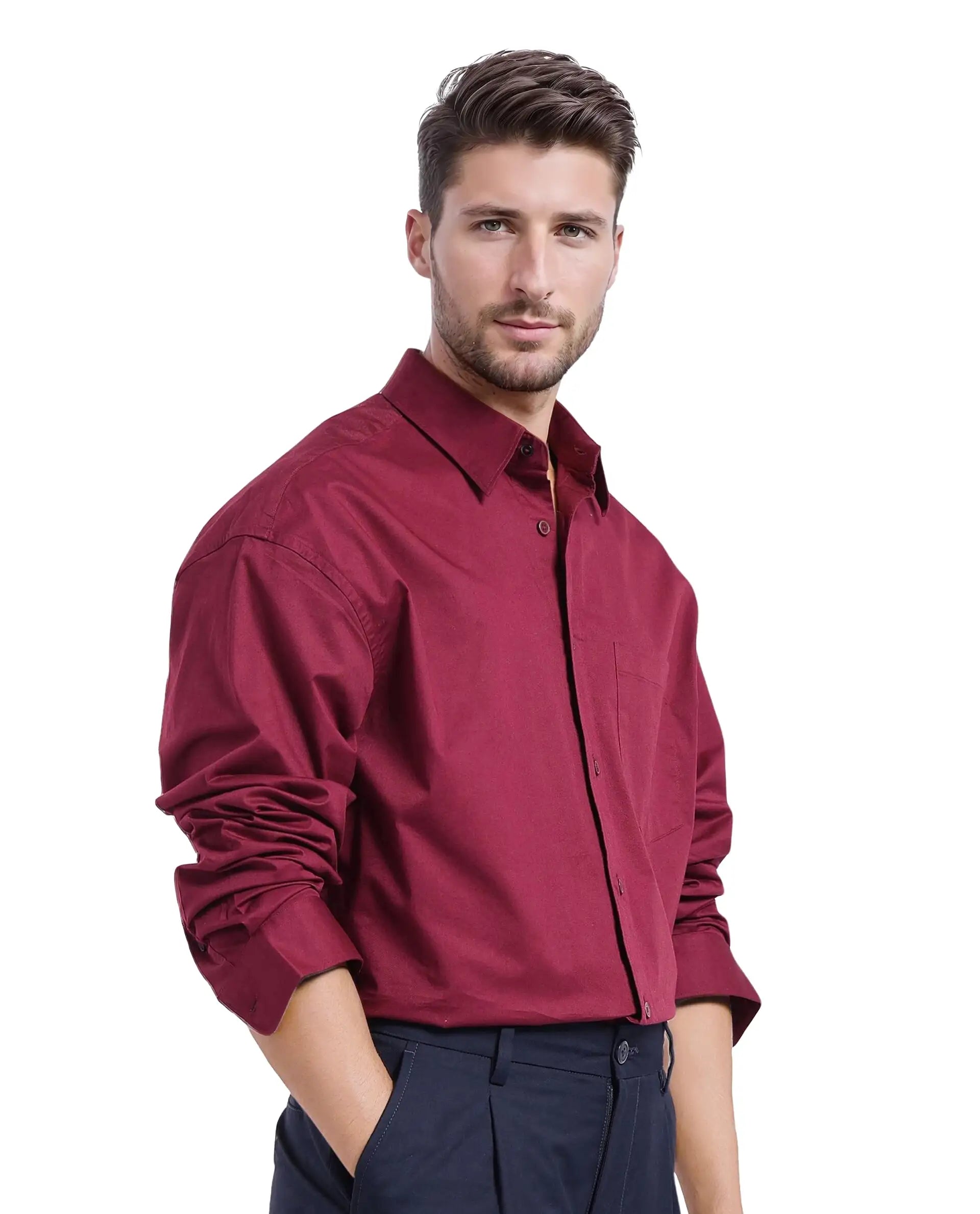 Rare Rabbit Men Lewi Maroon Full Sleeve Collared Neck Boxy Fit Plain Shirt