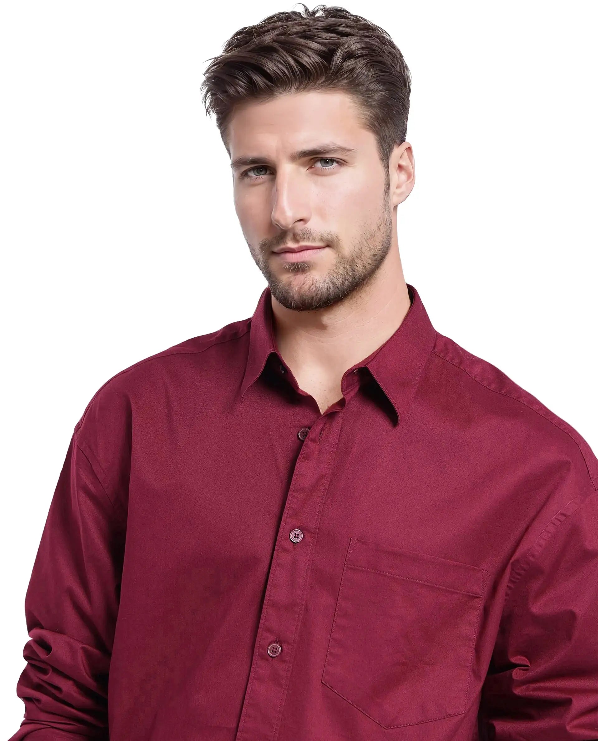 Rare Rabbit Men Lewi Maroon Full Sleeve Collared Neck Boxy Fit Plain Shirt