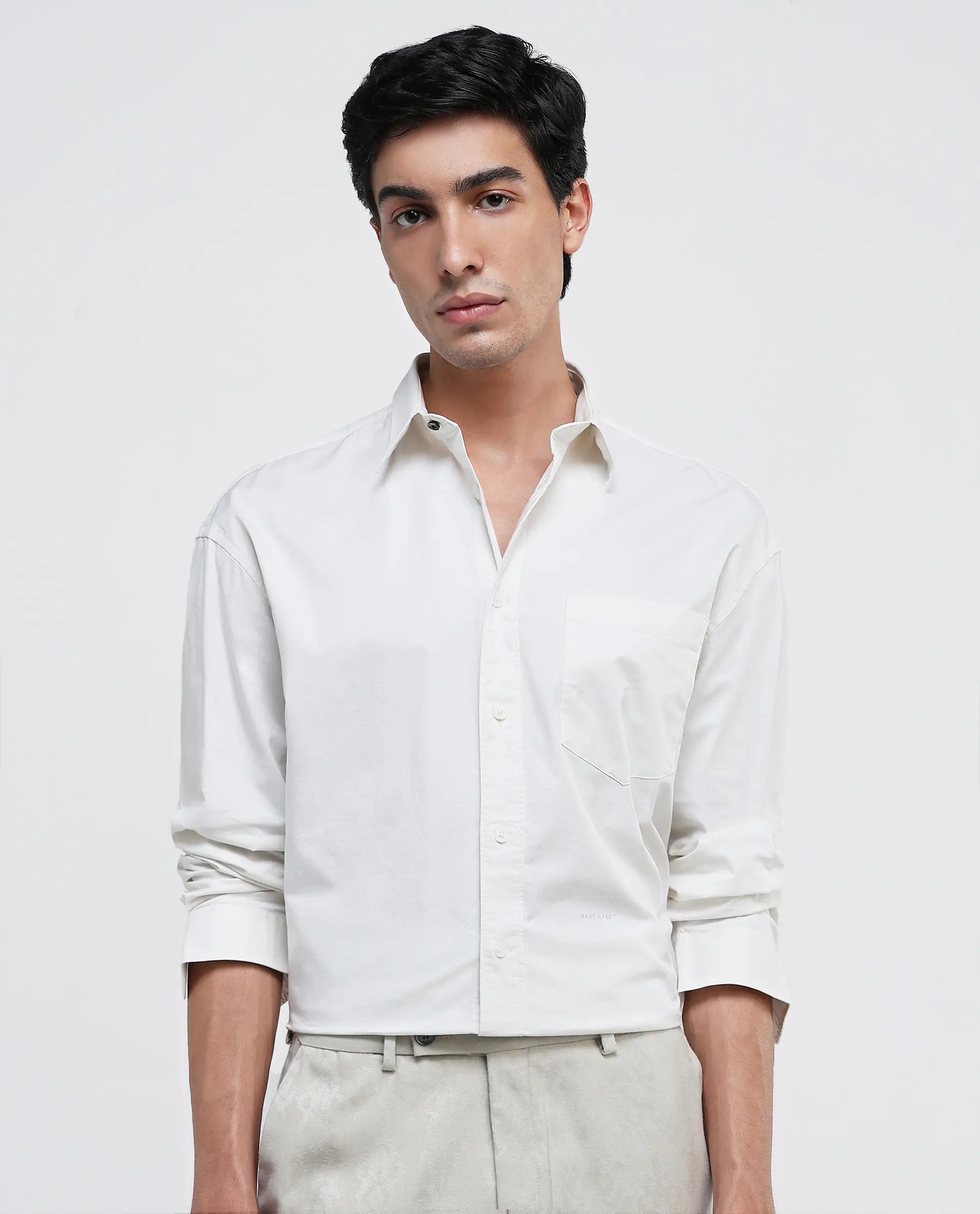 Rare Rabbit Men Lewi Off White Cotton Lycra Fabric Full Sleeve Regular Collar Boxy Fit Plain Shirt