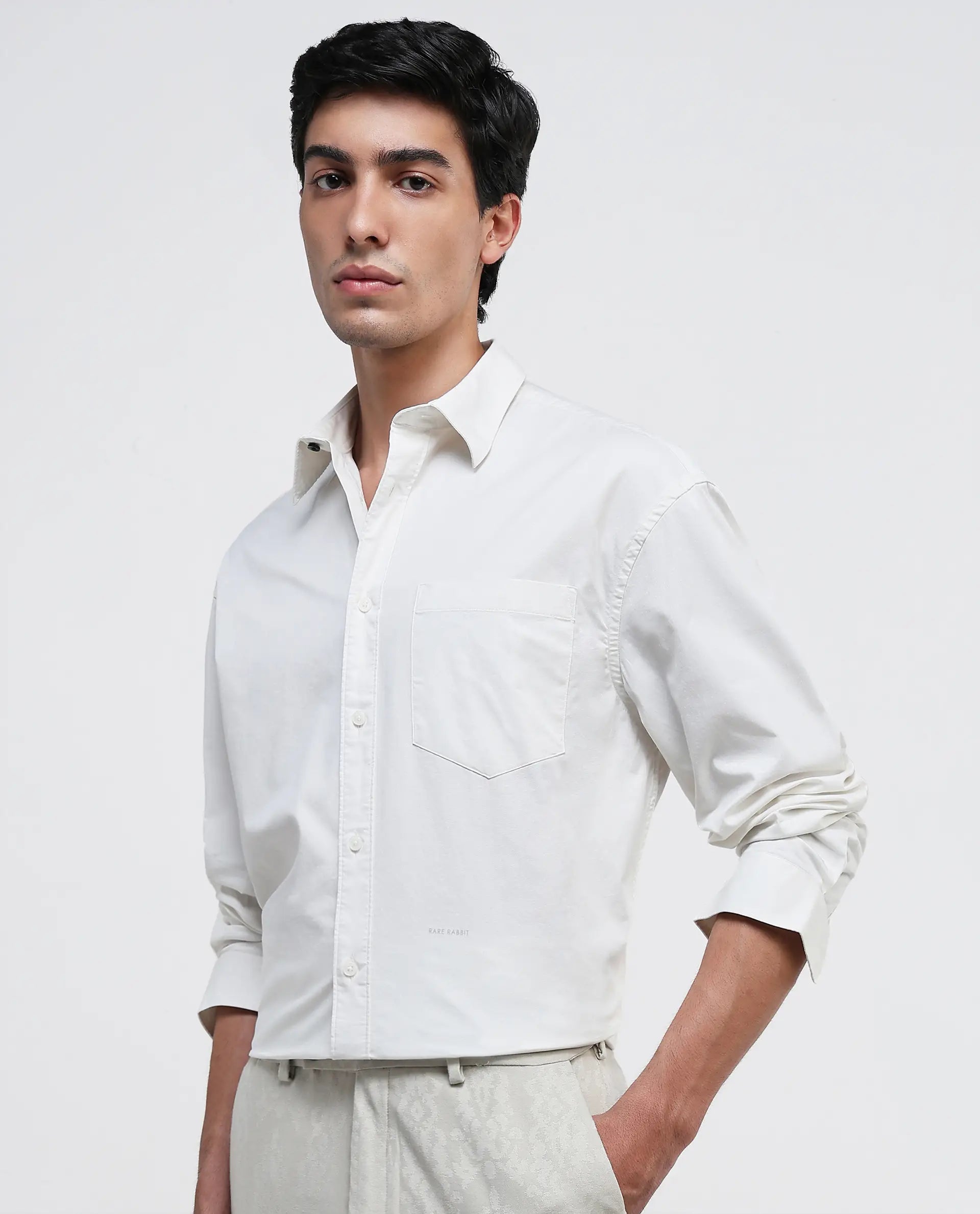 Rare Rabbit Men Lewi Off White Cotton Lycra Fabric Full Sleeve Regular Collar Boxy Fit Plain Shirt