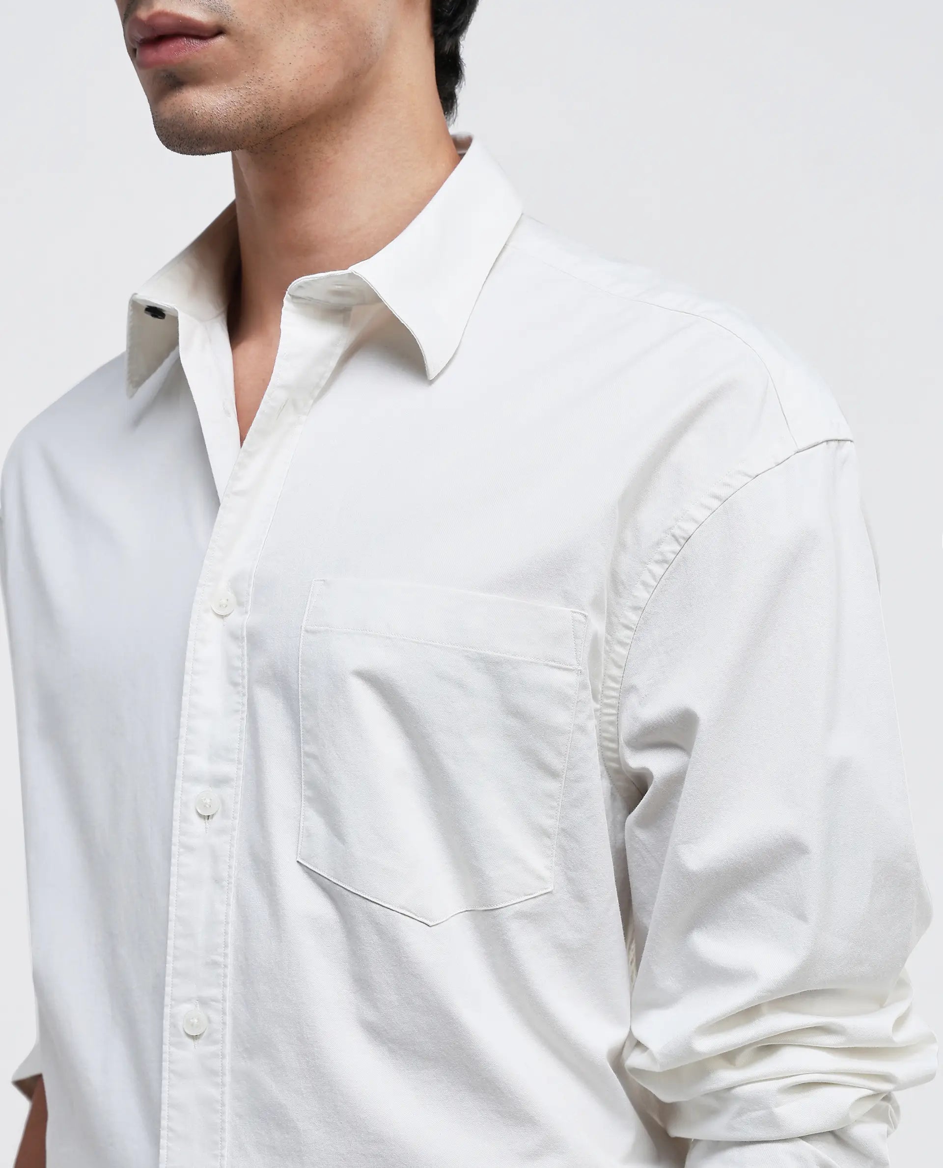 Rare Rabbit Men Lewi Off White Cotton Lycra Fabric Full Sleeve Regular Collar Boxy Fit Plain Shirt