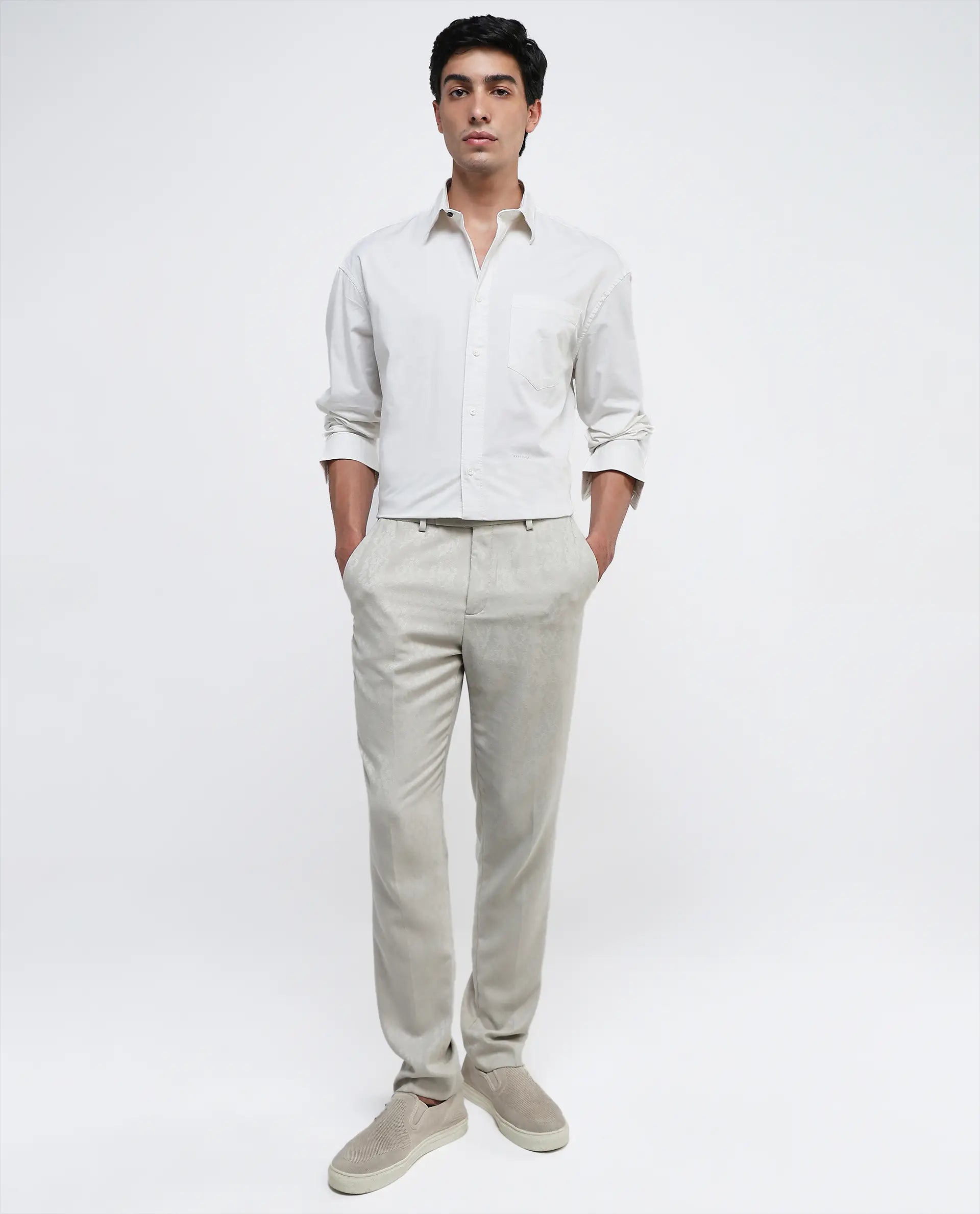 Rare Rabbit Men Lewi Off White Cotton Lycra Fabric Full Sleeve Regular Collar Boxy Fit Plain Shirt