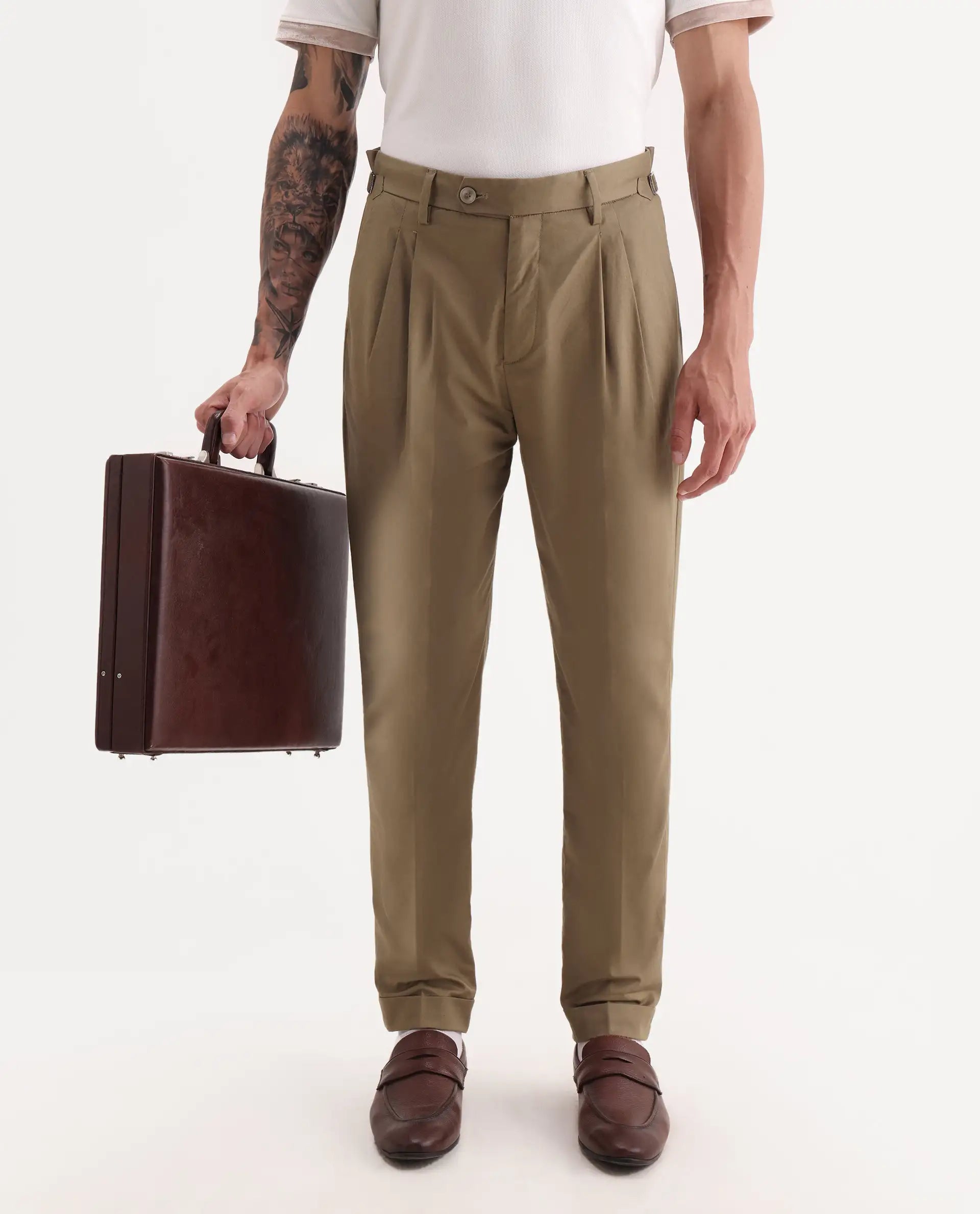 Rare Rabbit Men's Lewit Khaki Cotton Plain Regular Fit Trouser