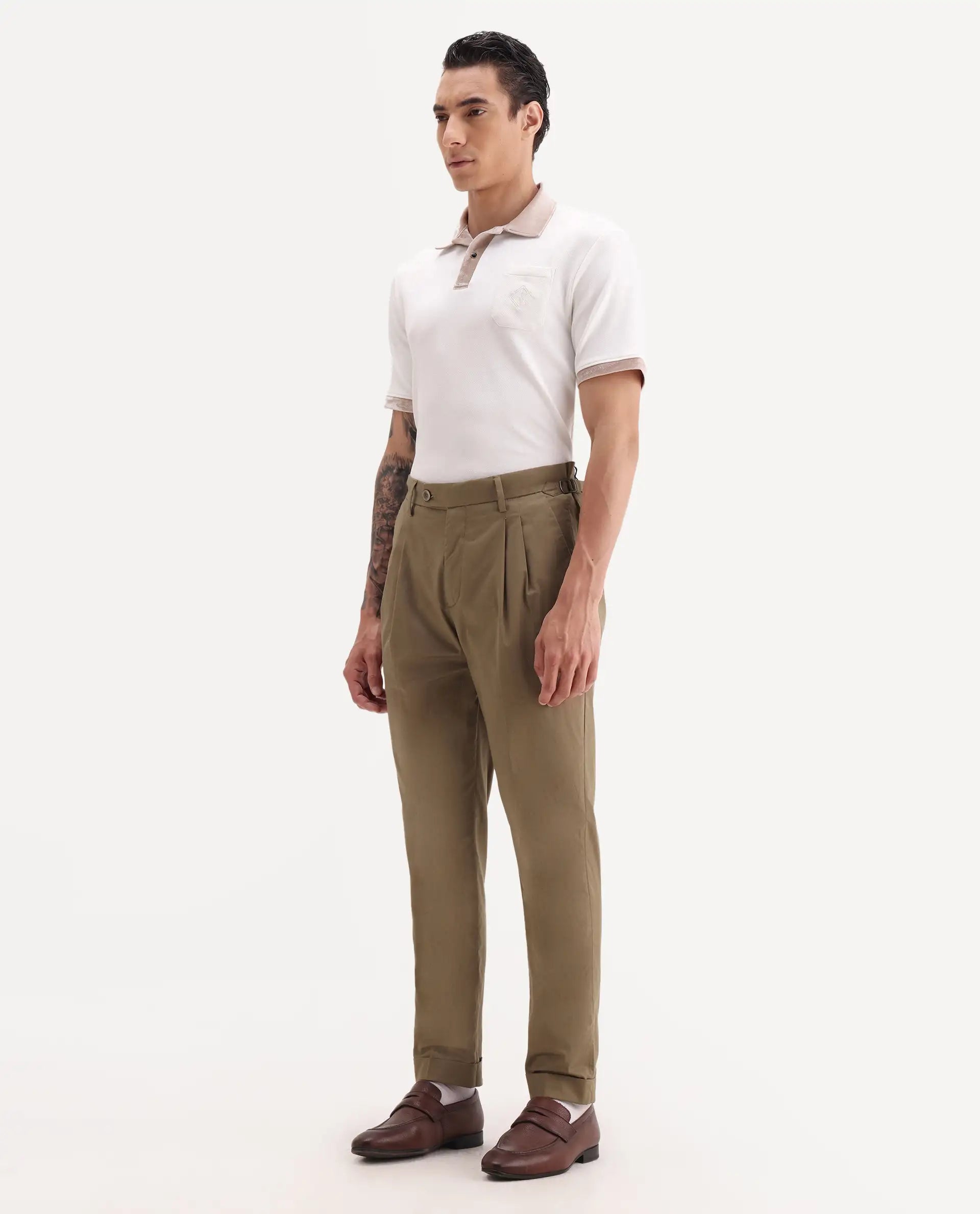 Rare Rabbit Men's Lewit Khaki Cotton Plain Regular Fit Trouser