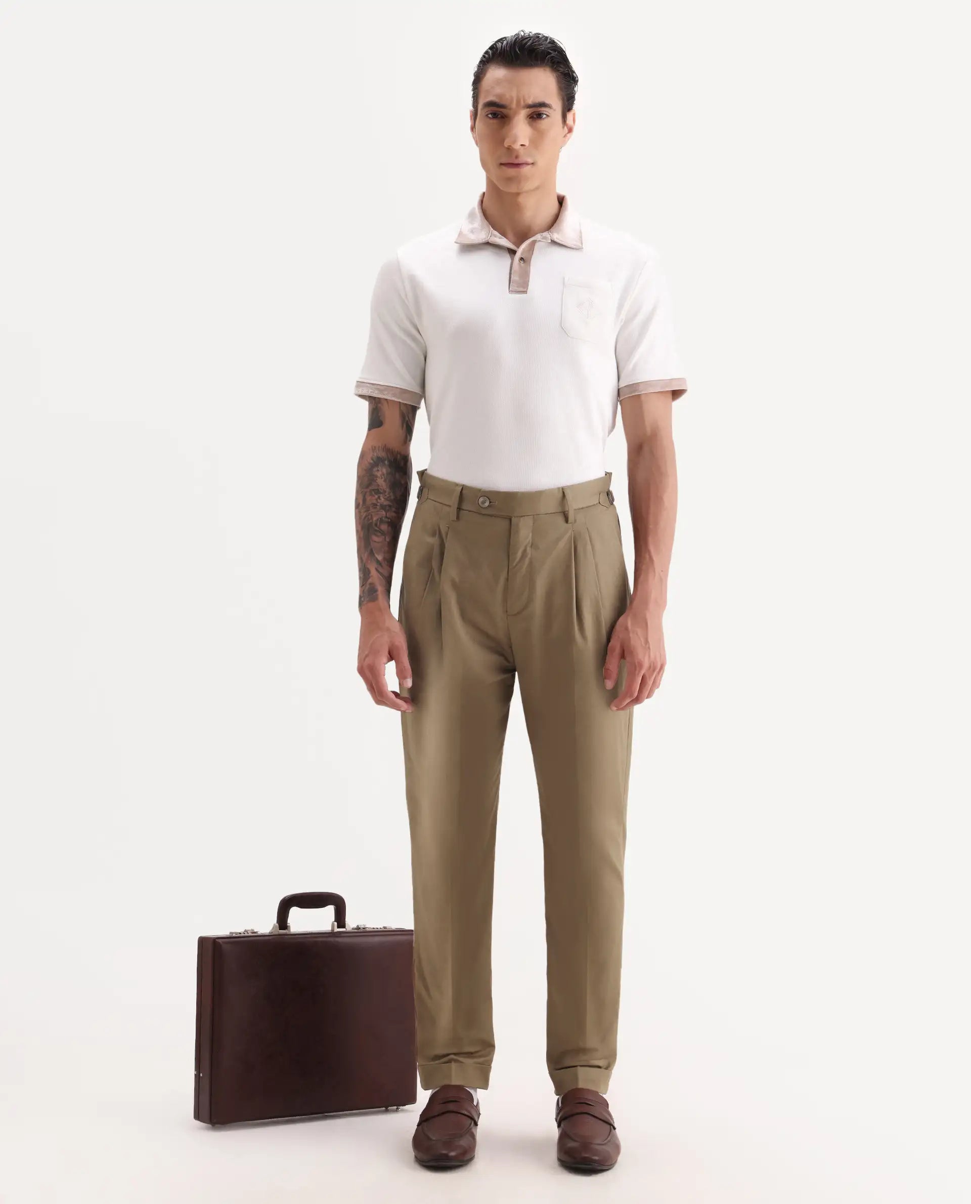 Rare Rabbit Men's Lewit Khaki Cotton Plain Regular Fit Trouser