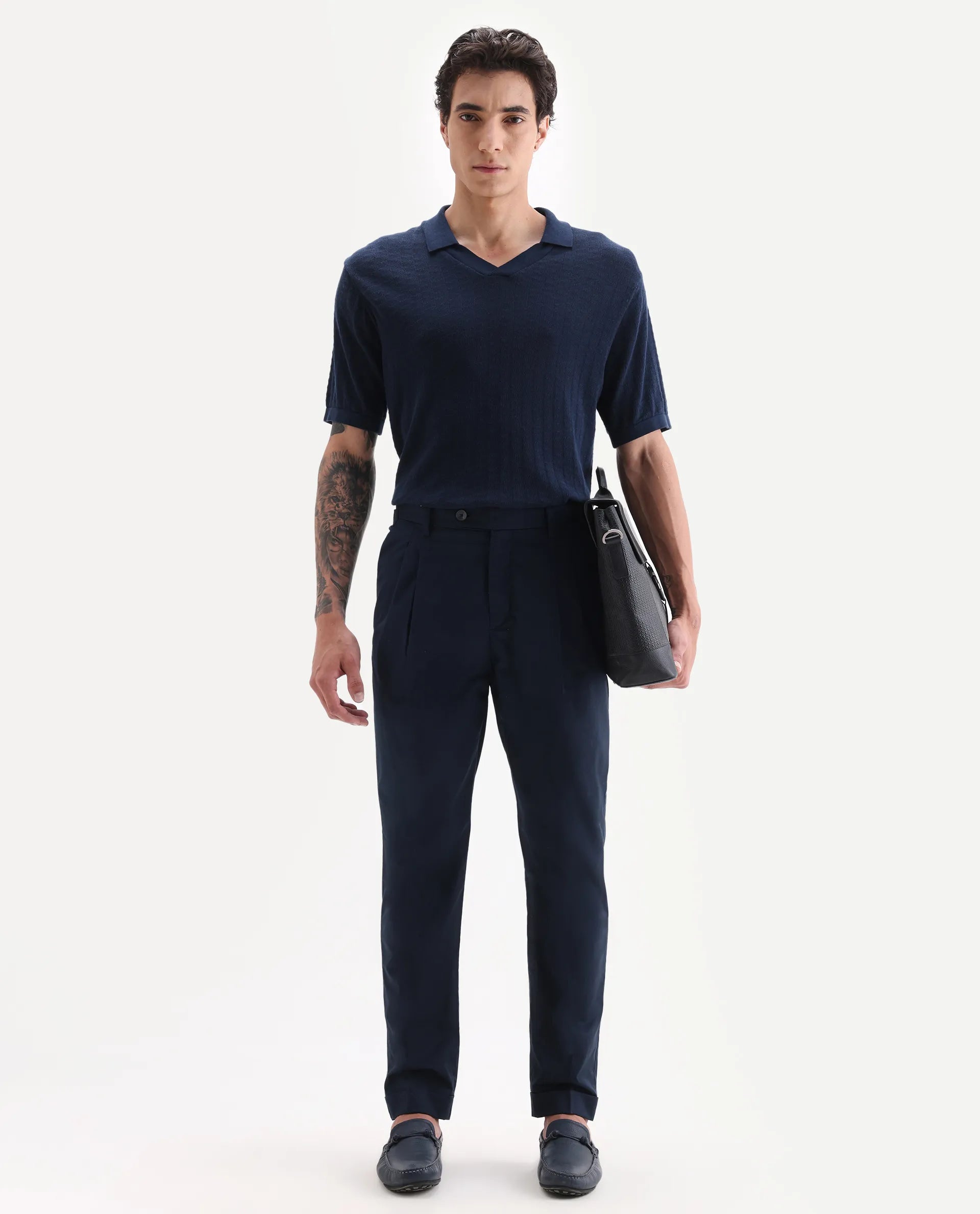 Rare Rabbit Men's Lewit Navy Cotton Plain Regular Fit Trouser