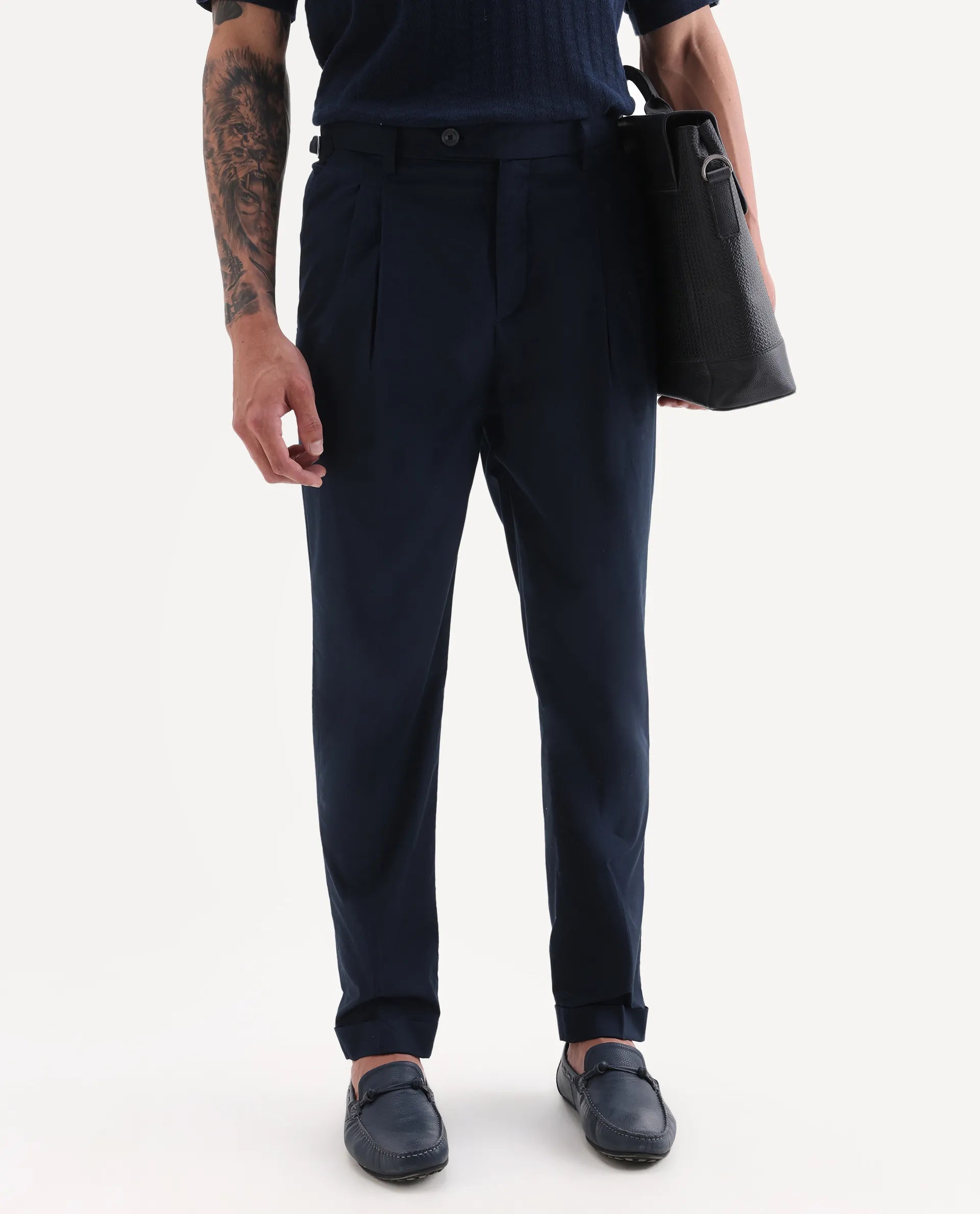 Rare Rabbit Men's Lewit Navy Cotton Plain Regular Fit Trouser