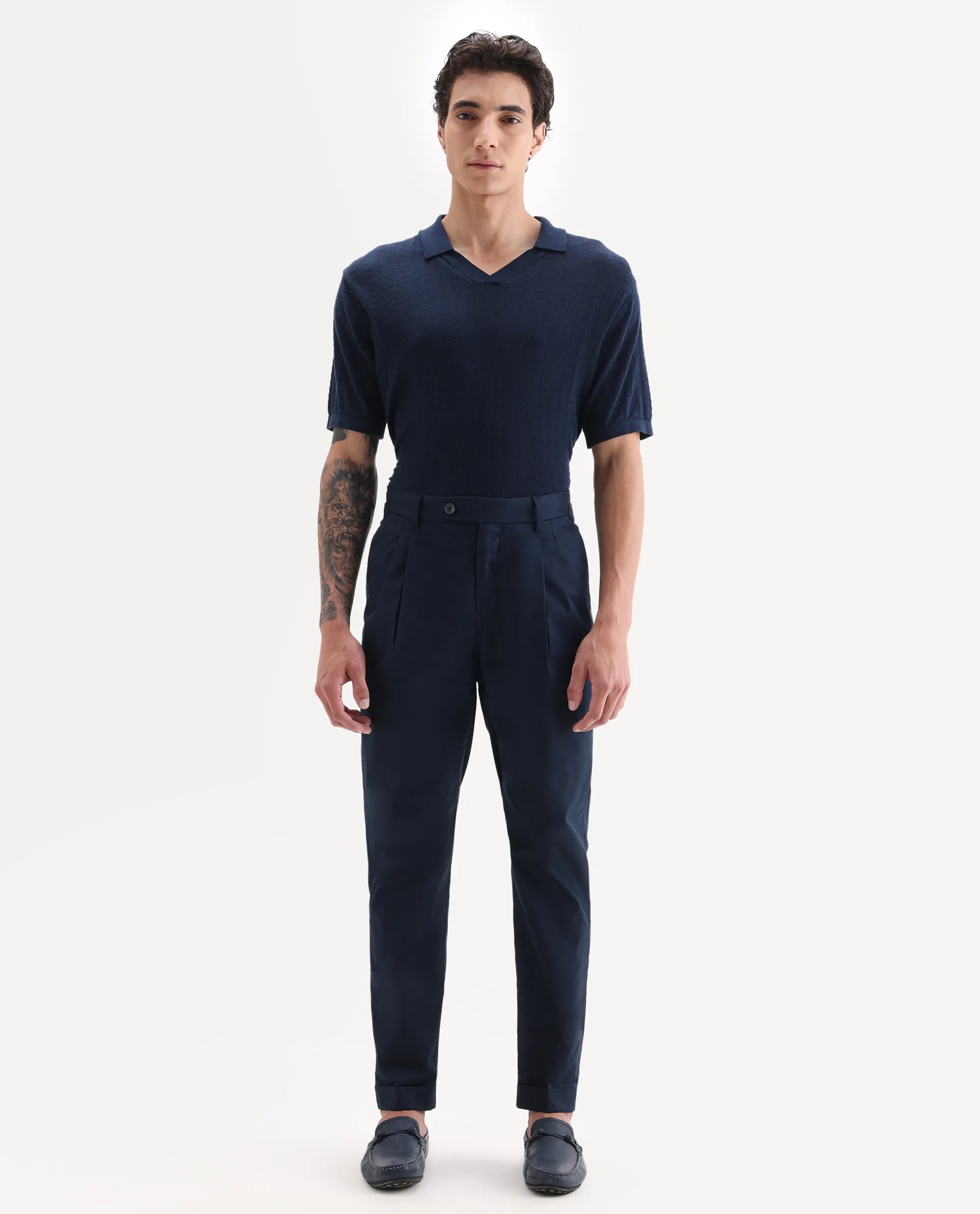 Rare Rabbit Men's Lewit Navy Cotton Plain Regular Fit Trouser