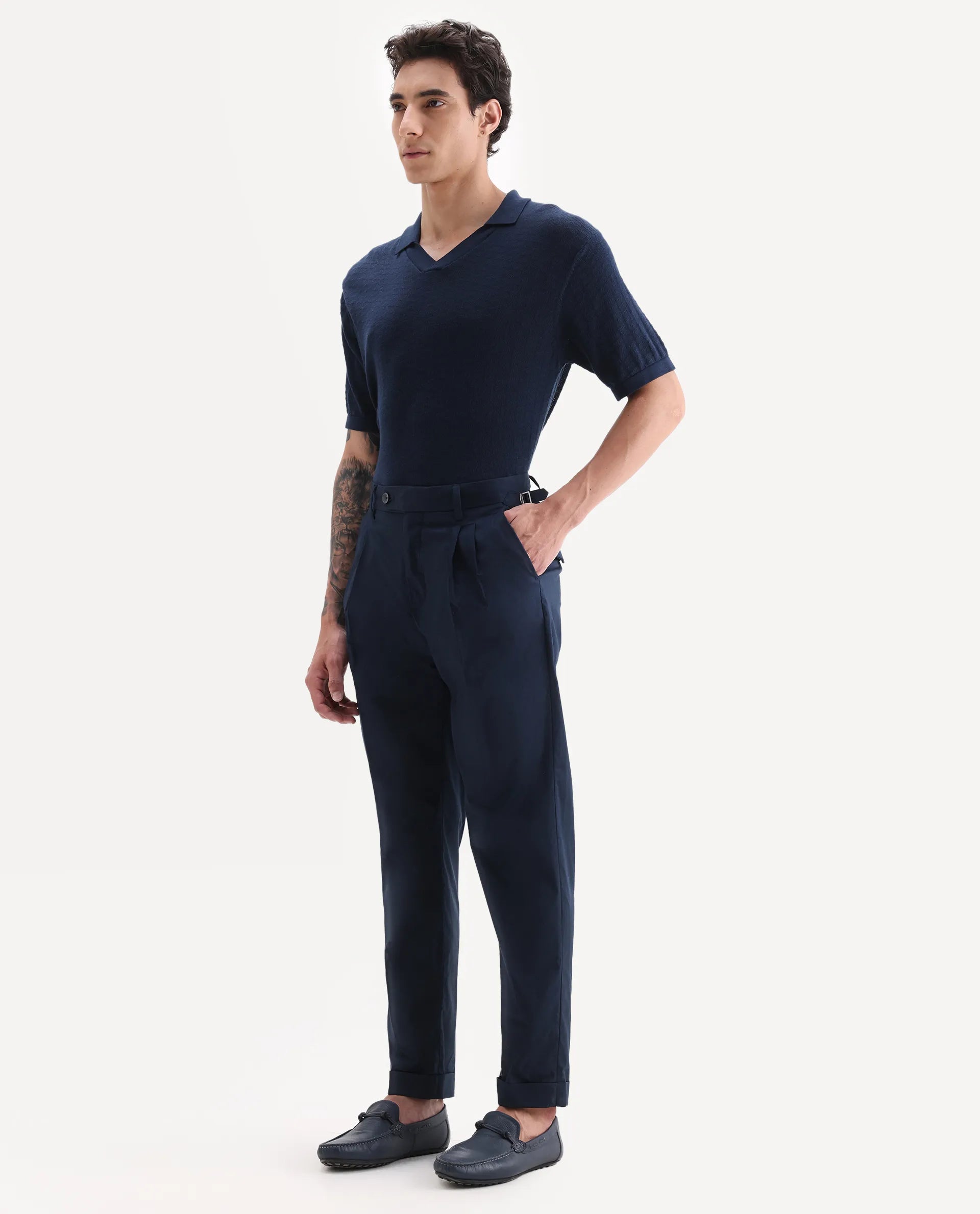 Rare Rabbit Men's Lewit Navy Cotton Plain Regular Fit Trouser