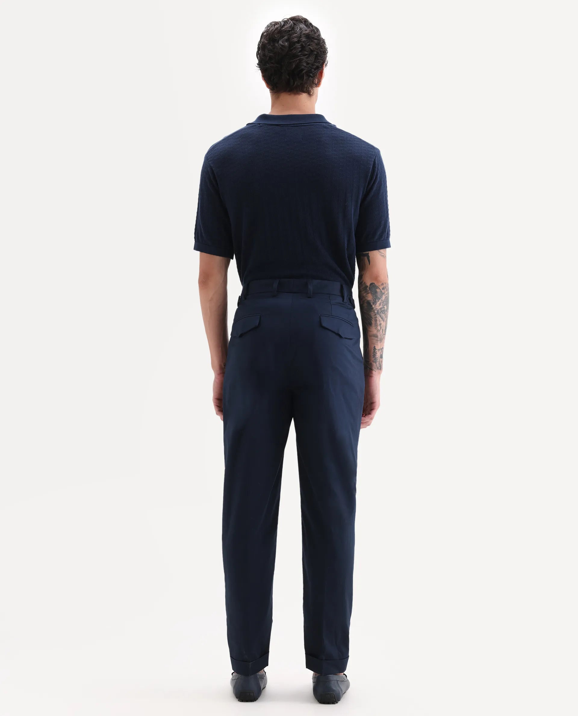 Rare Rabbit Men's Lewit Navy Cotton Plain Regular Fit Trouser