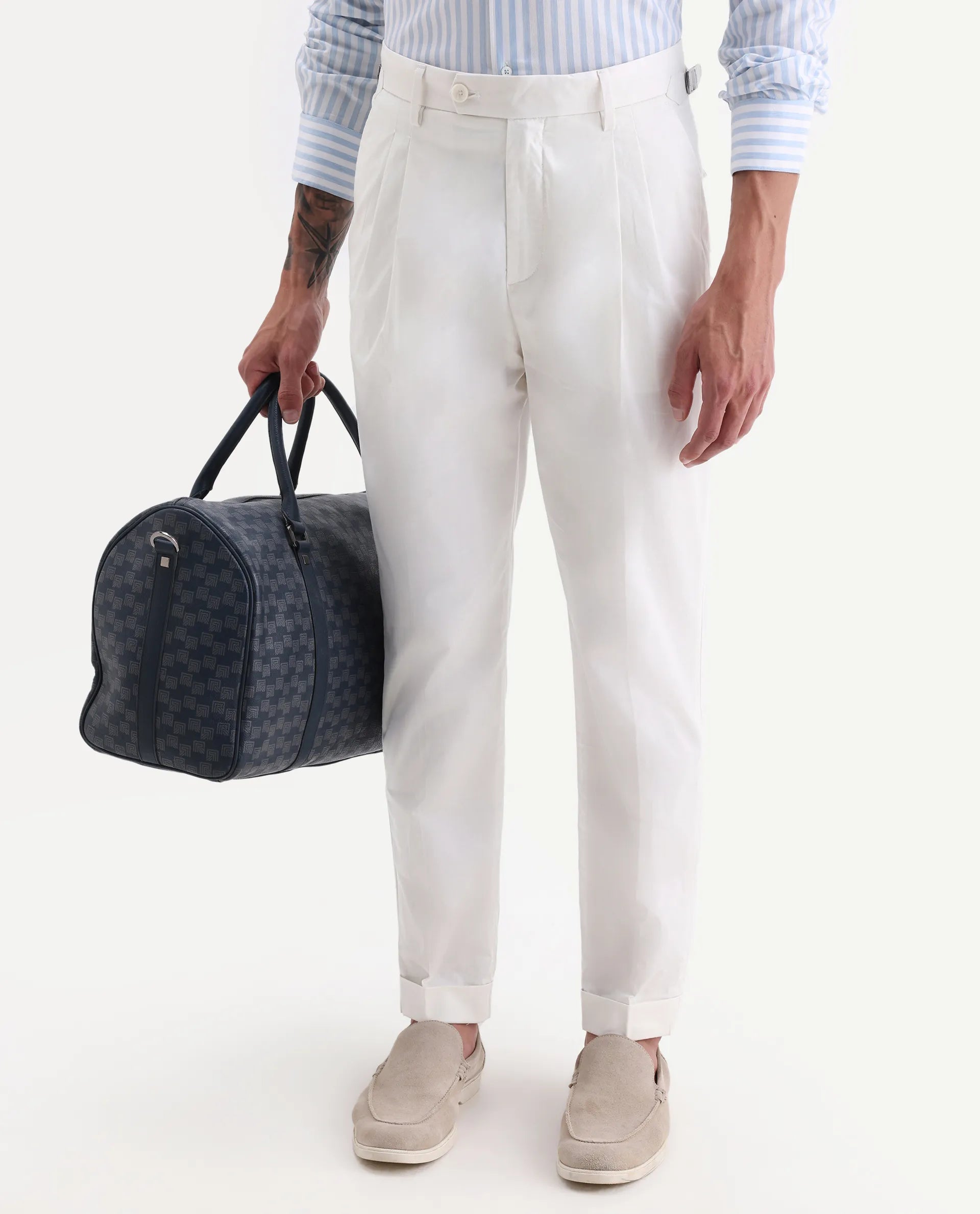 Rare Rabbit Men's Lewit Off White Cotton Plain Regular Fit Trouser