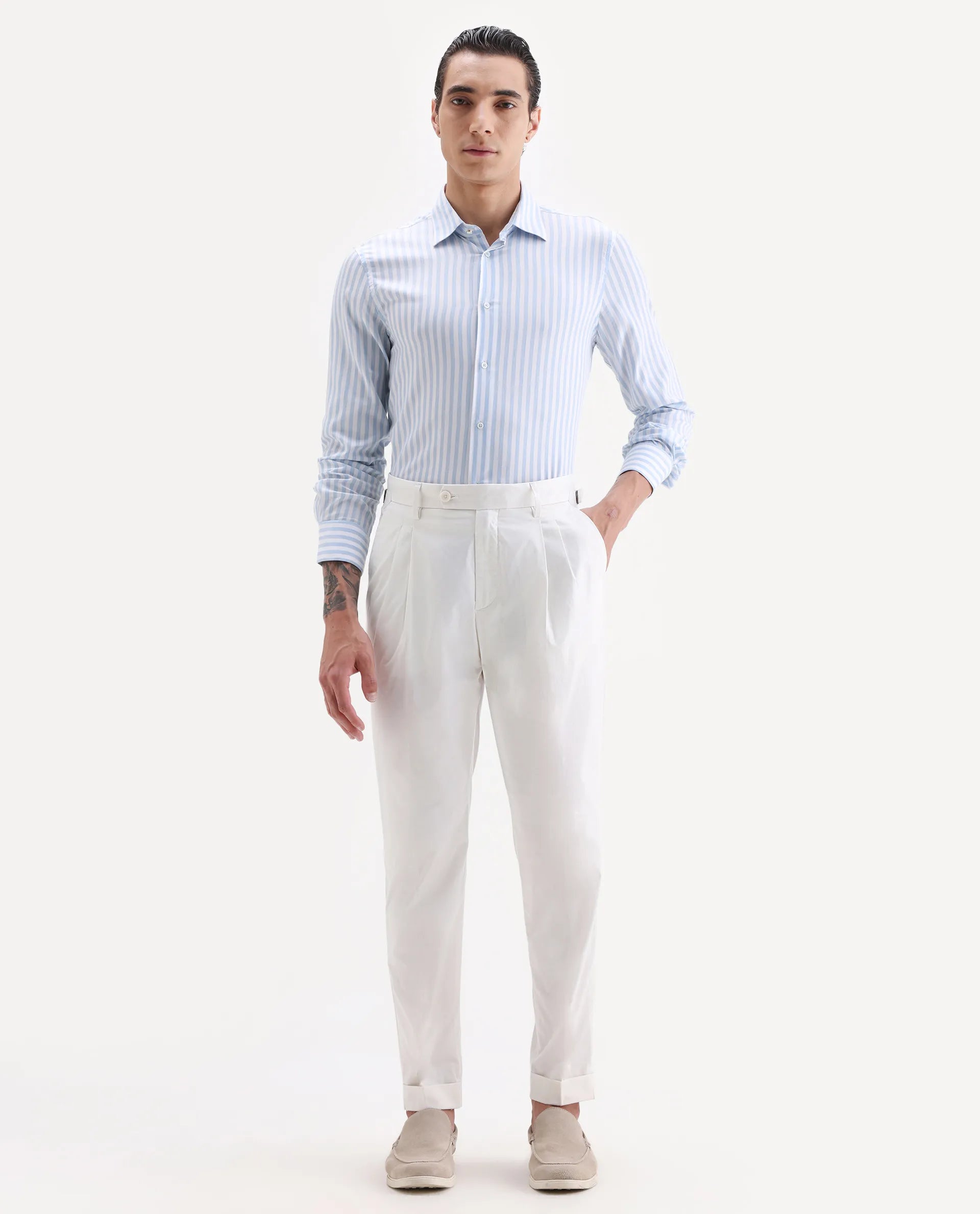 Rare Rabbit Men's Lewit Off White Cotton Plain Regular Fit Trouser