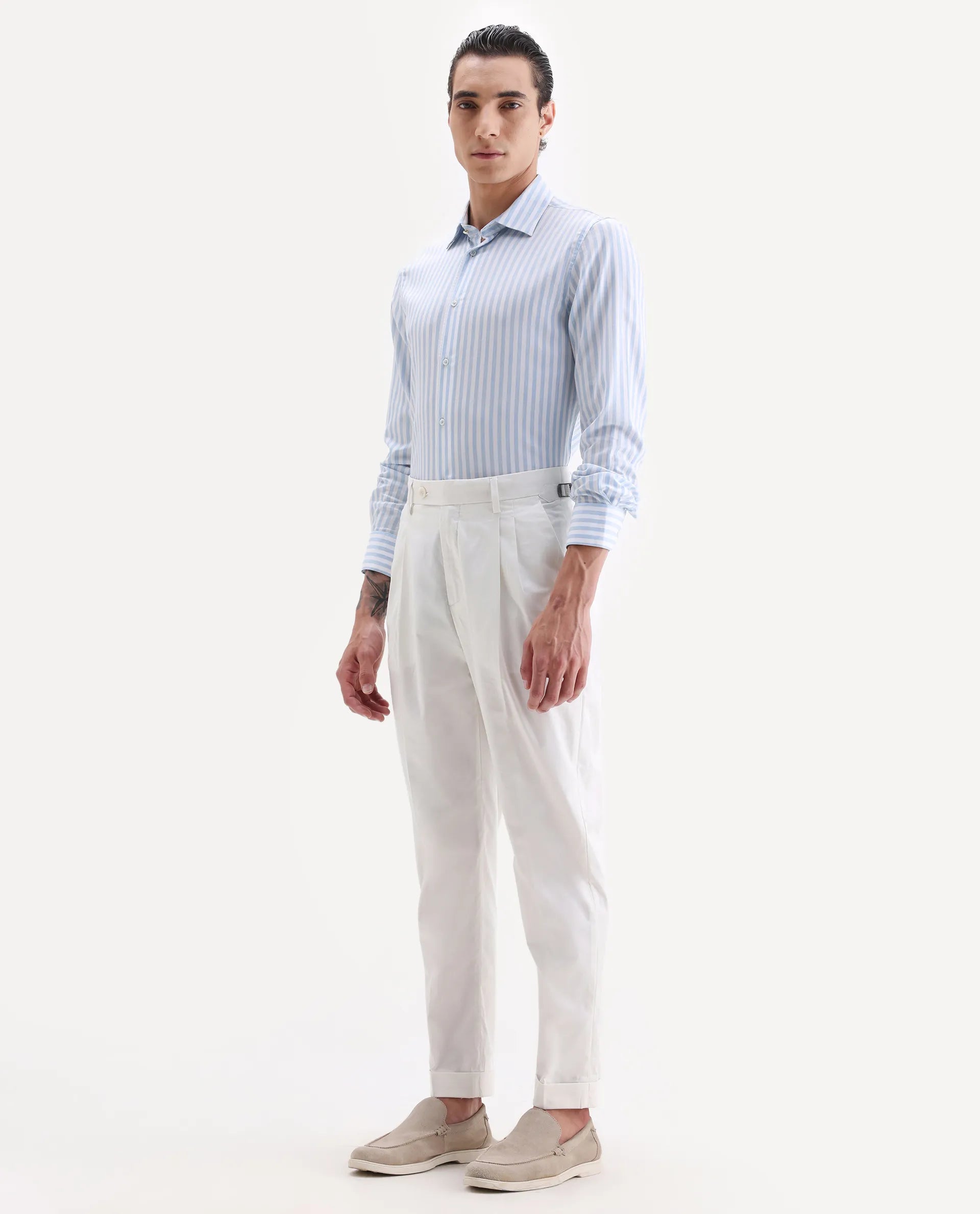 Rare Rabbit Men's Lewit Off White Cotton Plain Regular Fit Trouser