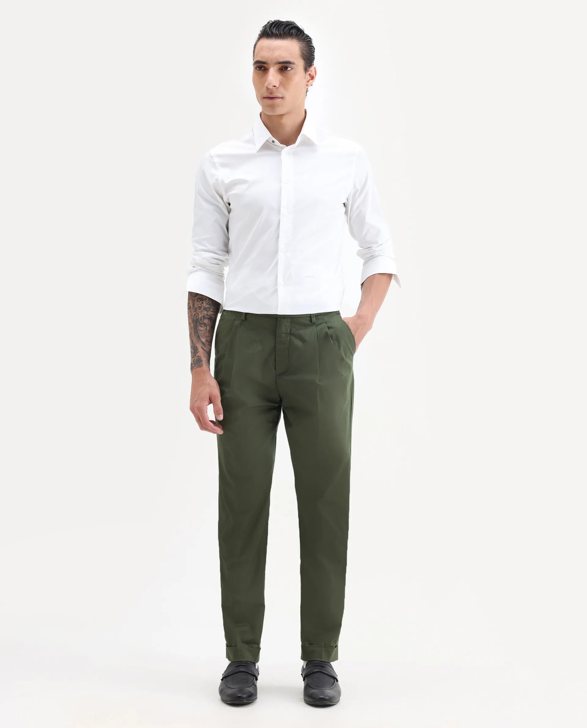 Rare Rabbit Men's Lewit Olive Cotton Plain Regular Fit Trouser