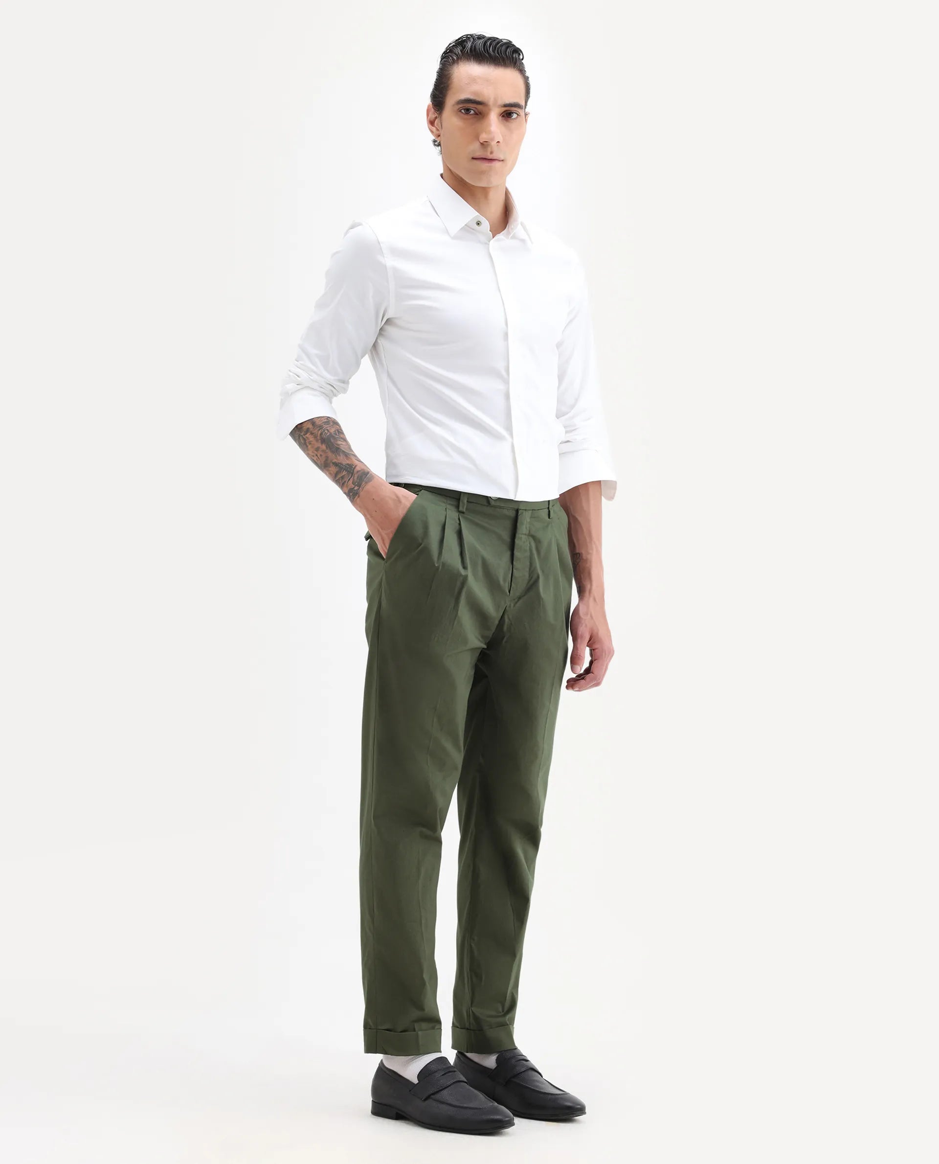 Rare Rabbit Men's Lewit Olive Cotton Plain Regular Fit Trouser