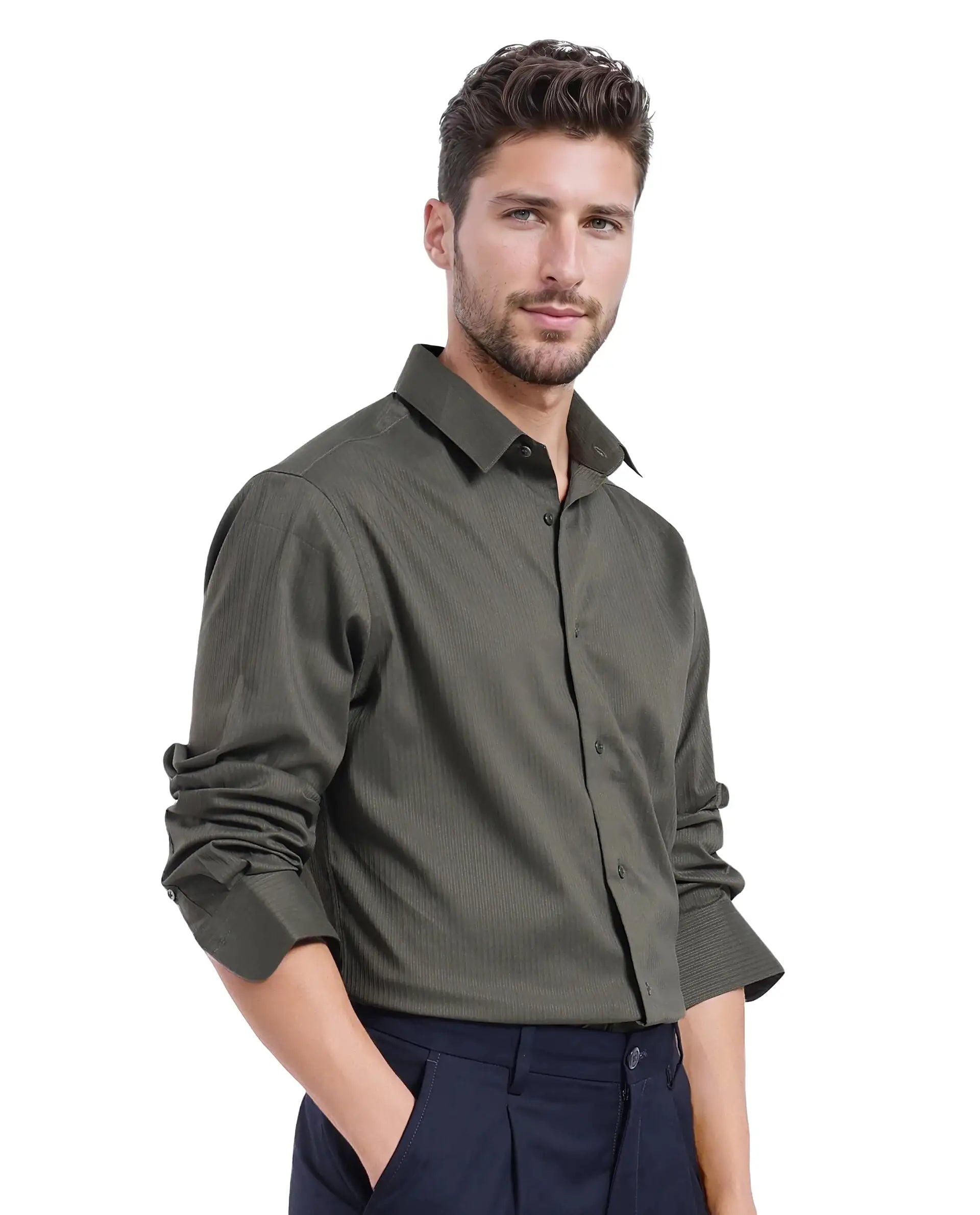 Rare Rabbit Men Lews Dark Olive Knitted Jacquard Fabric Full Sleeve Regular Fit Shirt