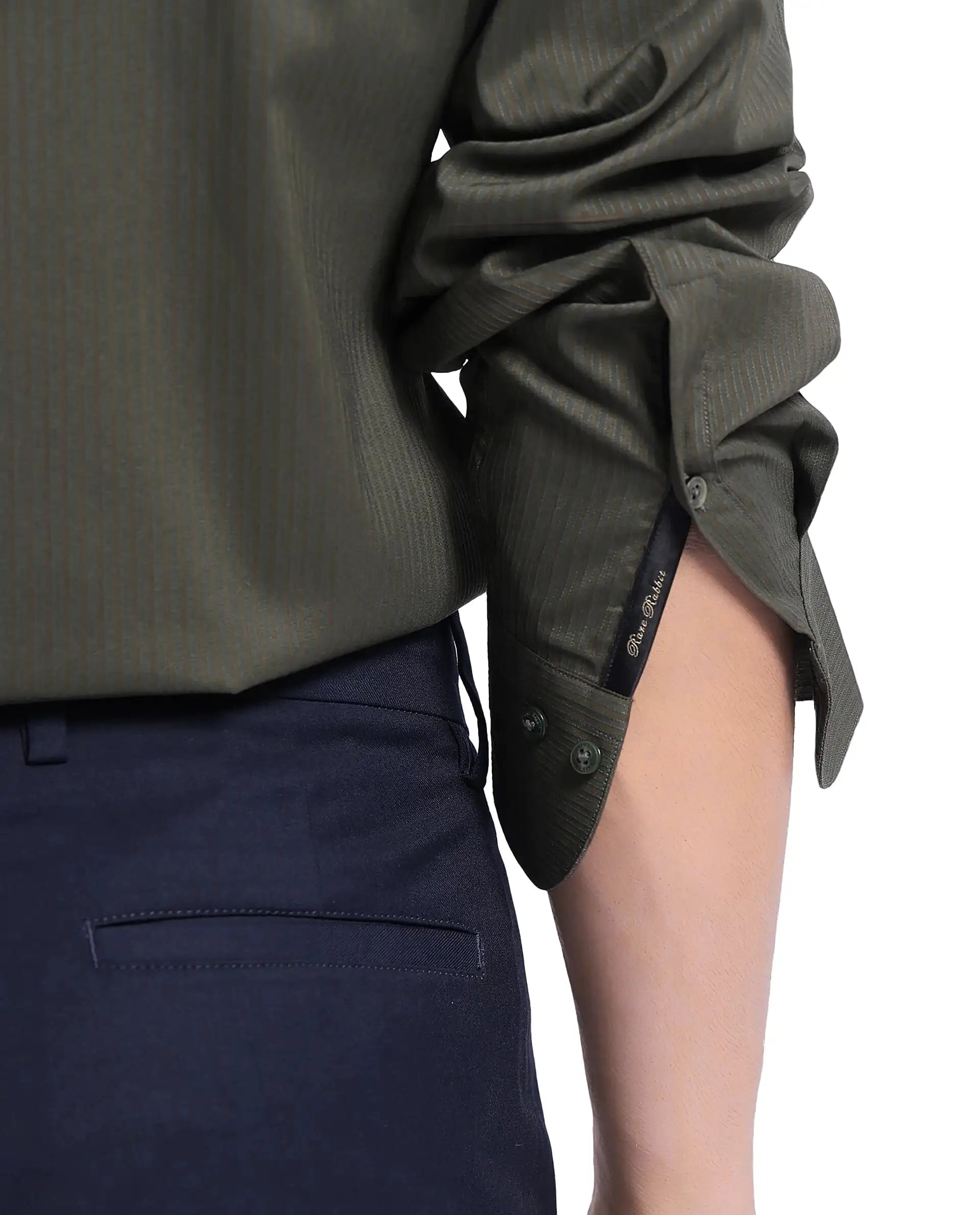 Rare Rabbit Men Lews Dark Olive Knitted Jacquard Fabric Full Sleeve Regular Fit Shirt