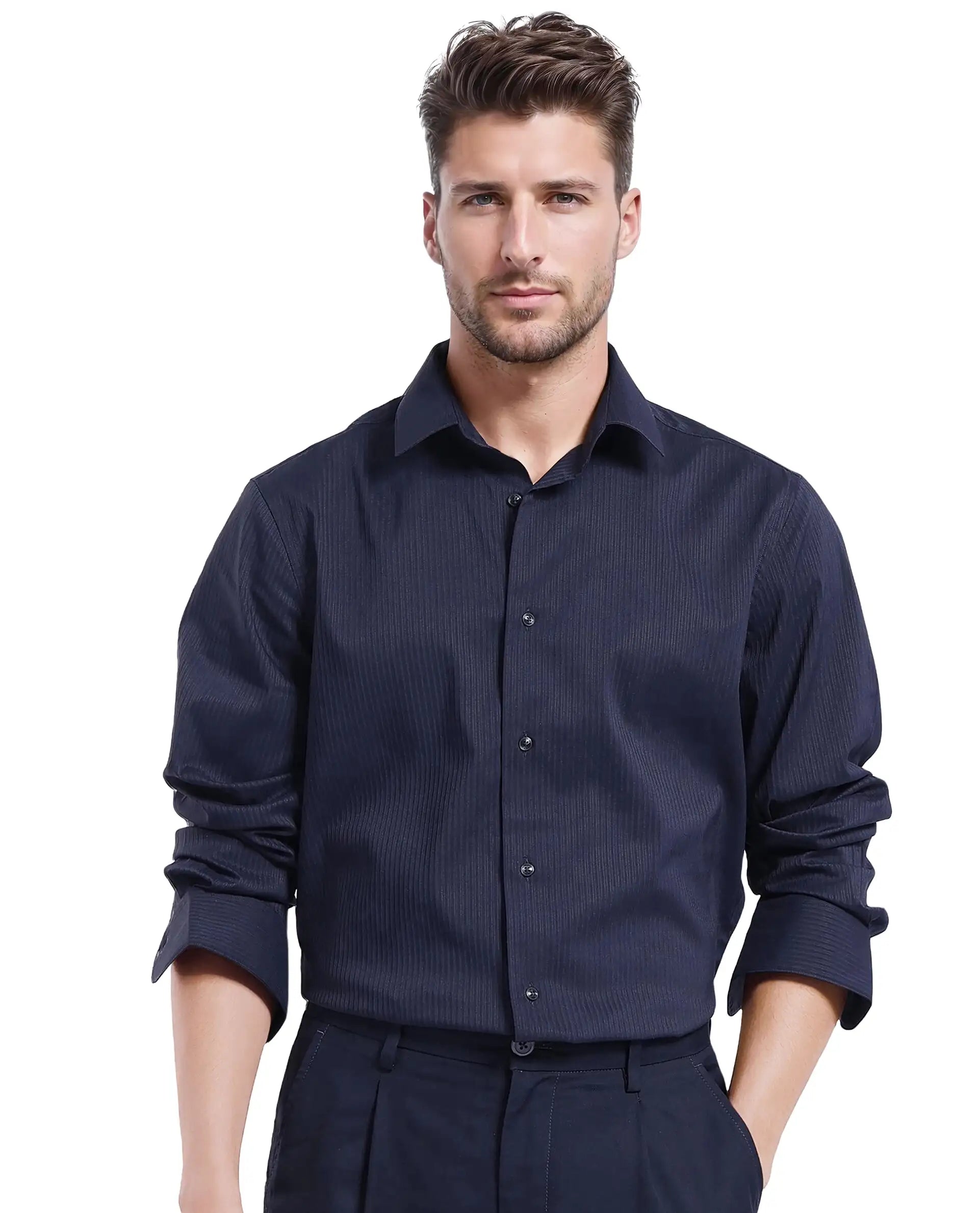 Rare Rabbit Men Lews Navy Knitted Jacquard Fabric Full Sleeve Regular Fit Shirt