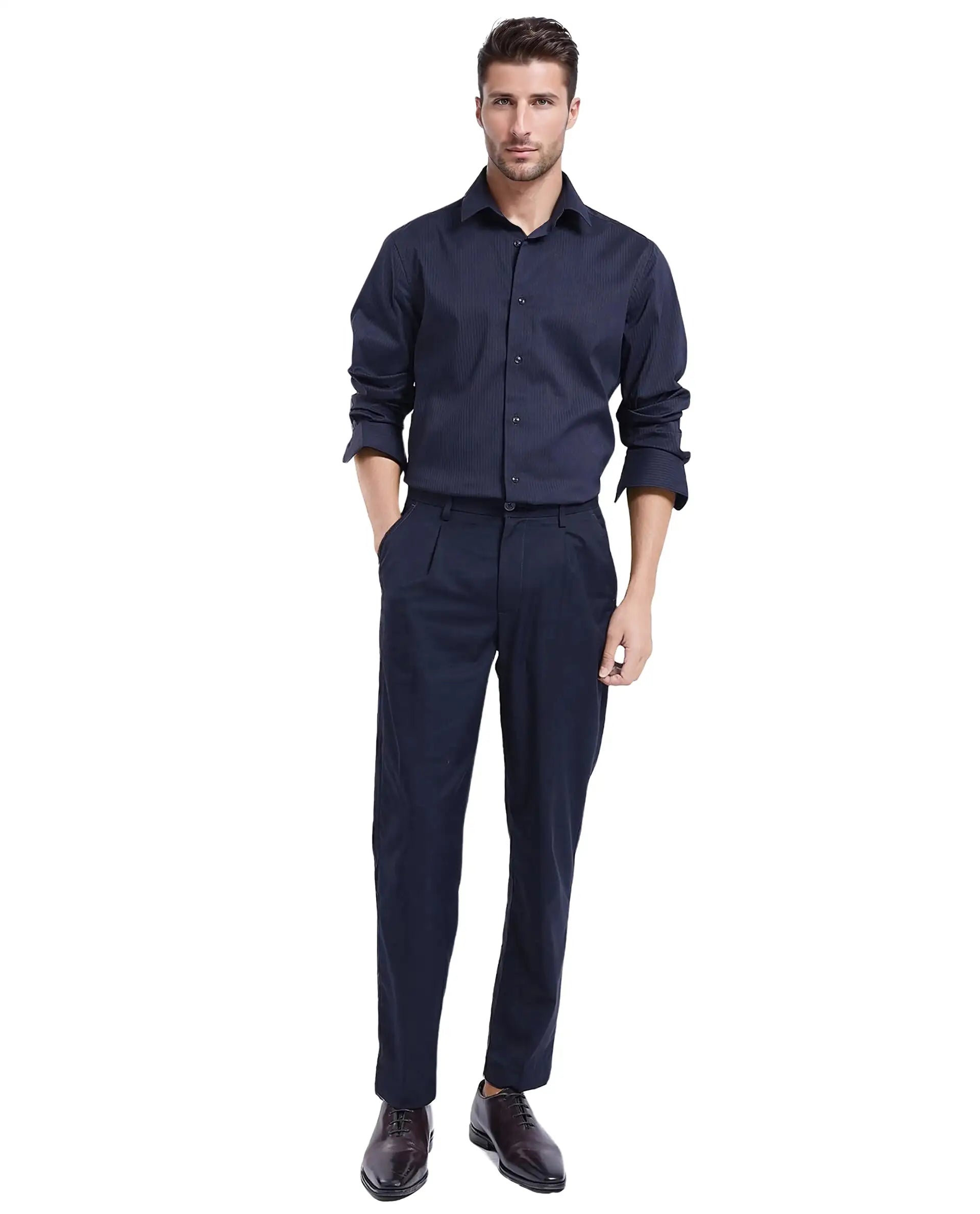 Rare Rabbit Men Lews Navy Knitted Jacquard Fabric Full Sleeve Regular Fit Shirt