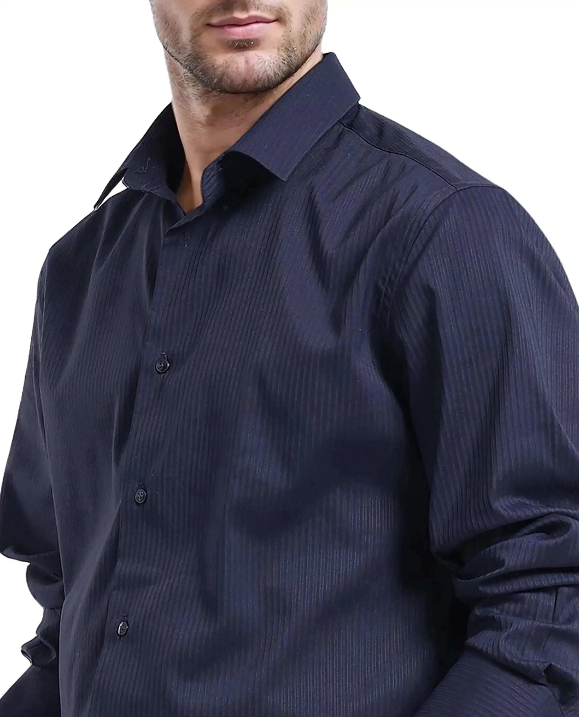 Rare Rabbit Men Lews Navy Knitted Jacquard Fabric Full Sleeve Regular Fit Shirt