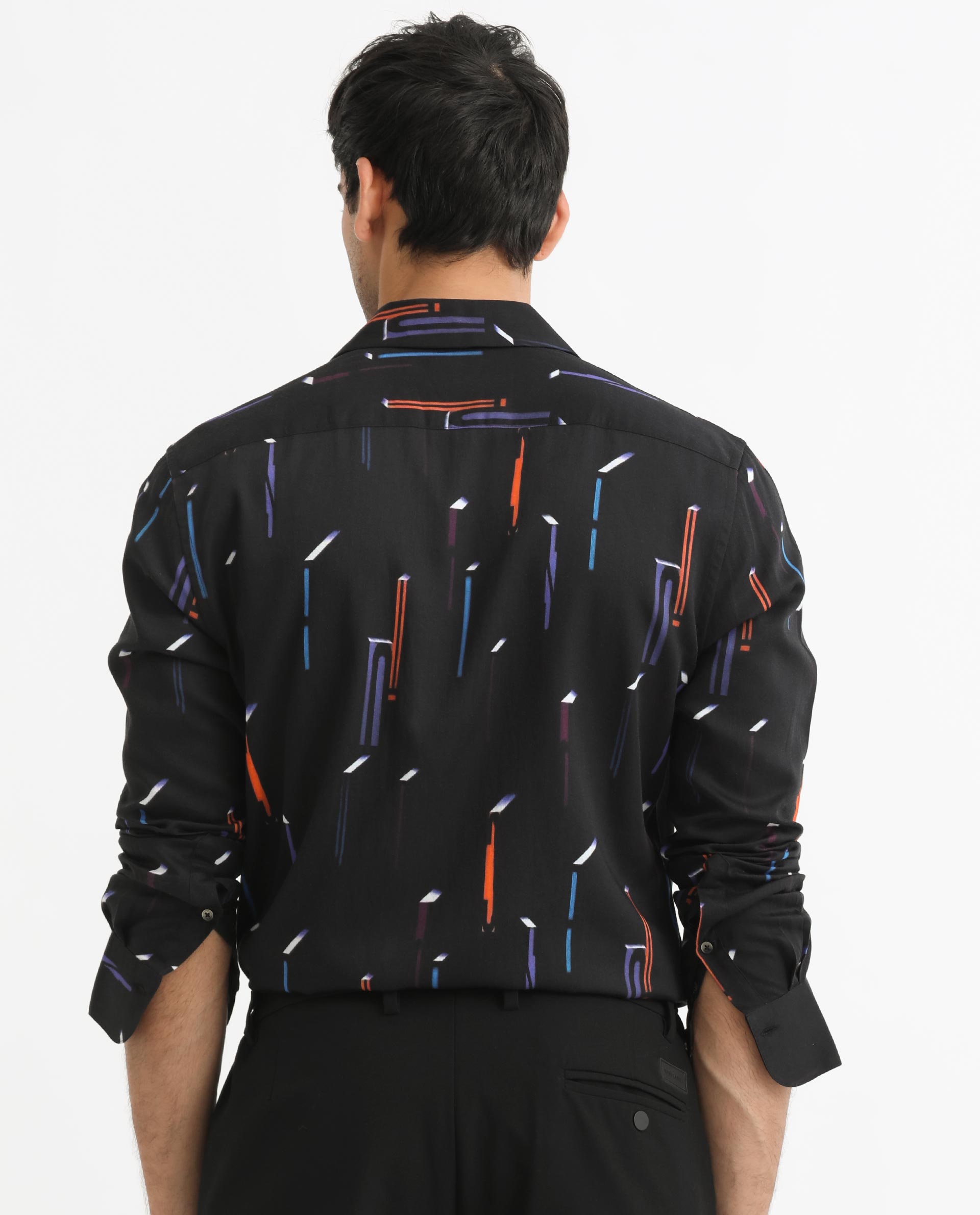 Rare Rabbit Men's Lexa Black Shirt Cotton Modal Fabric Cuban Collar Abstract Print Full Sleeves Shirt