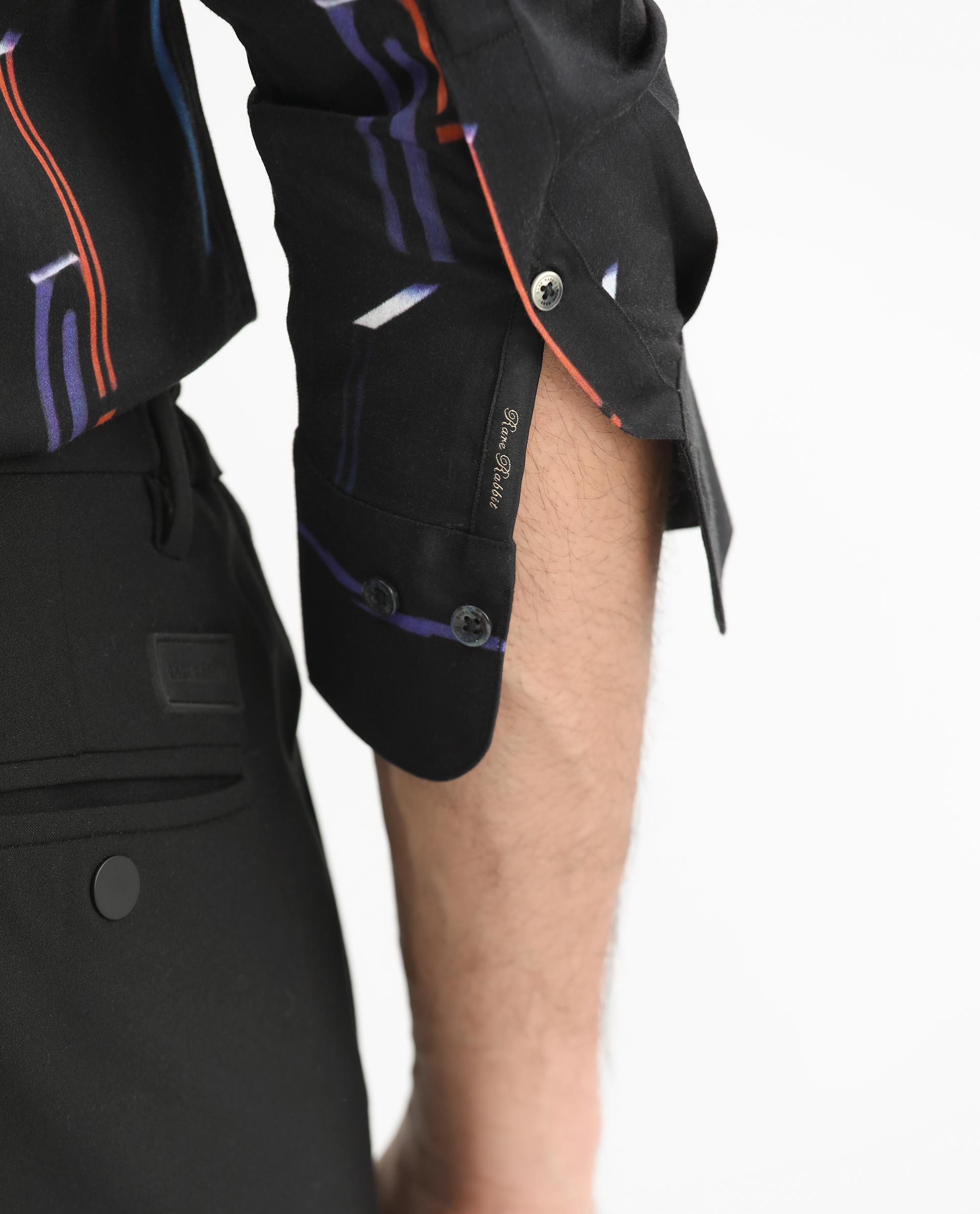 Rare Rabbit Men's Lexa Black Shirt Cotton Modal Fabric Cuban Collar Abstract Print Full Sleeves Shirt