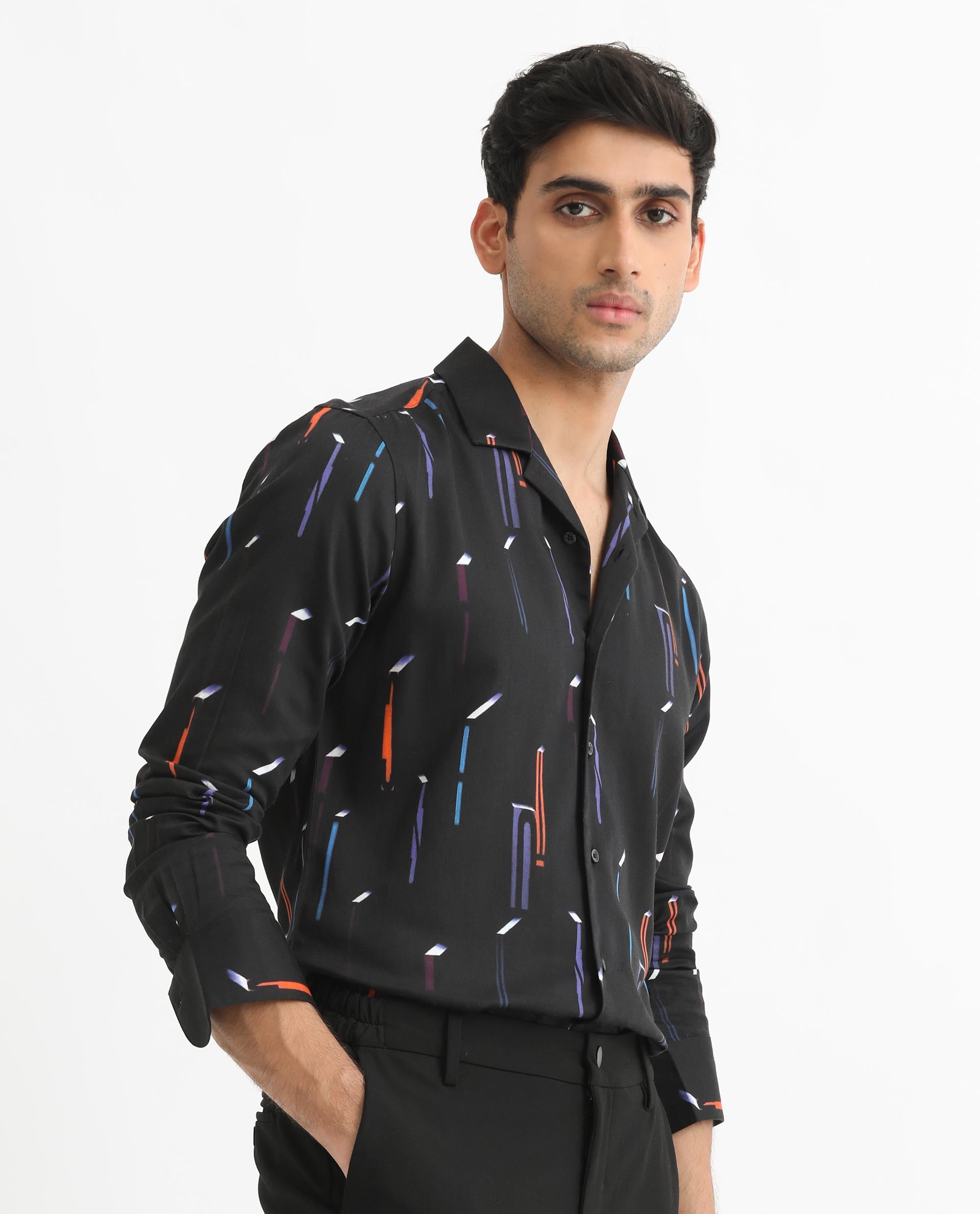 Rare Rabbit Men's Lexa Black Shirt Cotton Modal Fabric Cuban Collar Abstract Print Full Sleeves Shirt